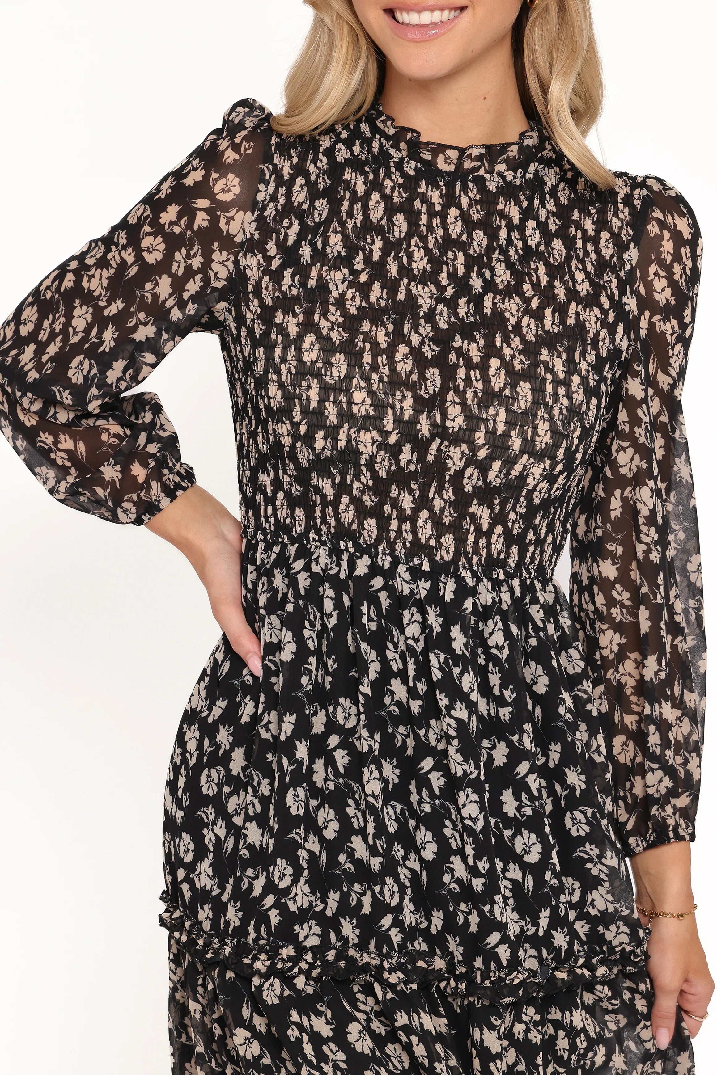 Edwina Shirred Frill Long Sleeve Midi Dress Black Ditsy Floral