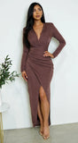 Xena Wrap Long Sleeve Maxi Dress Brown