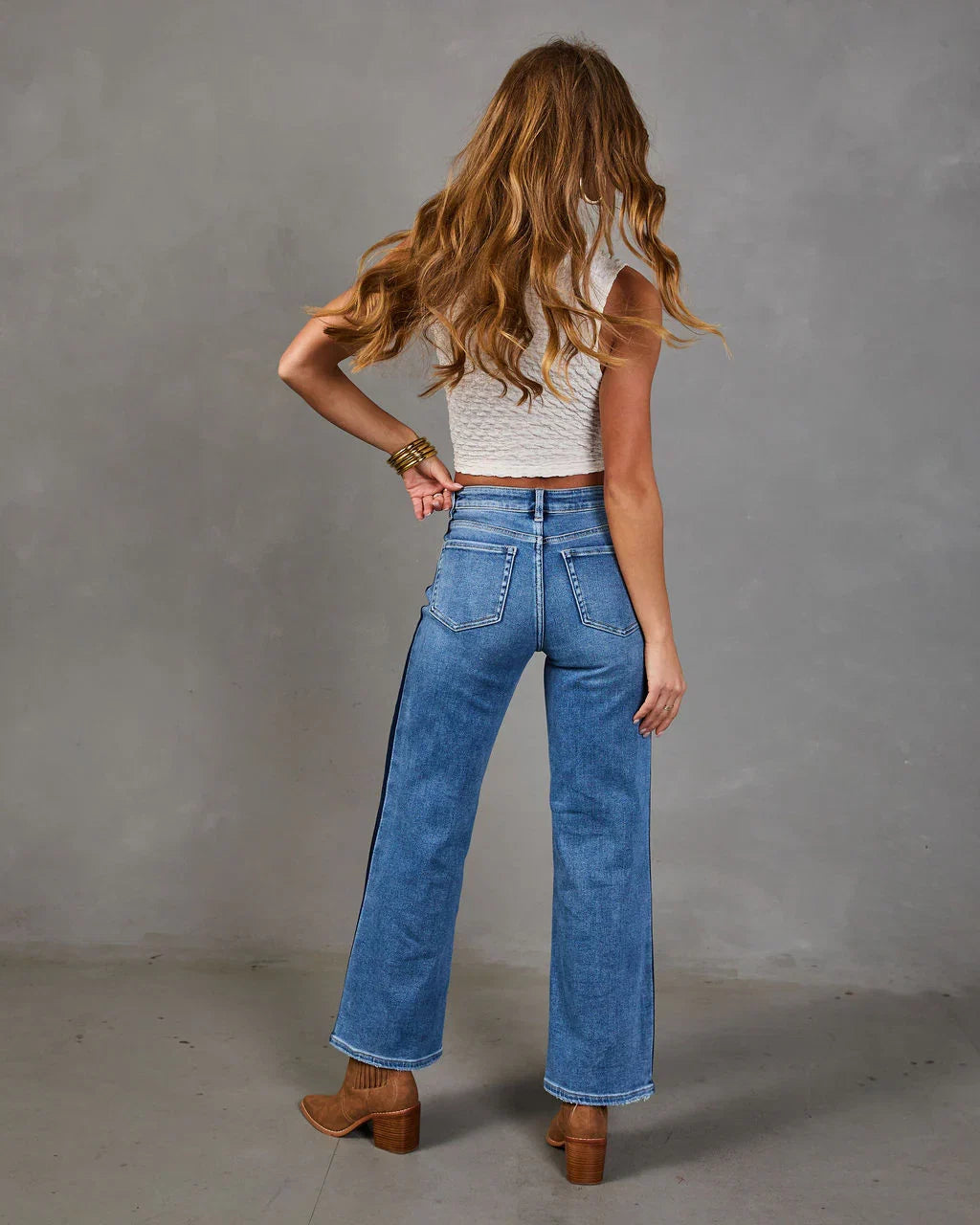 Orlena Stretch Two Tone Straight Leg Mid Rise Jeans