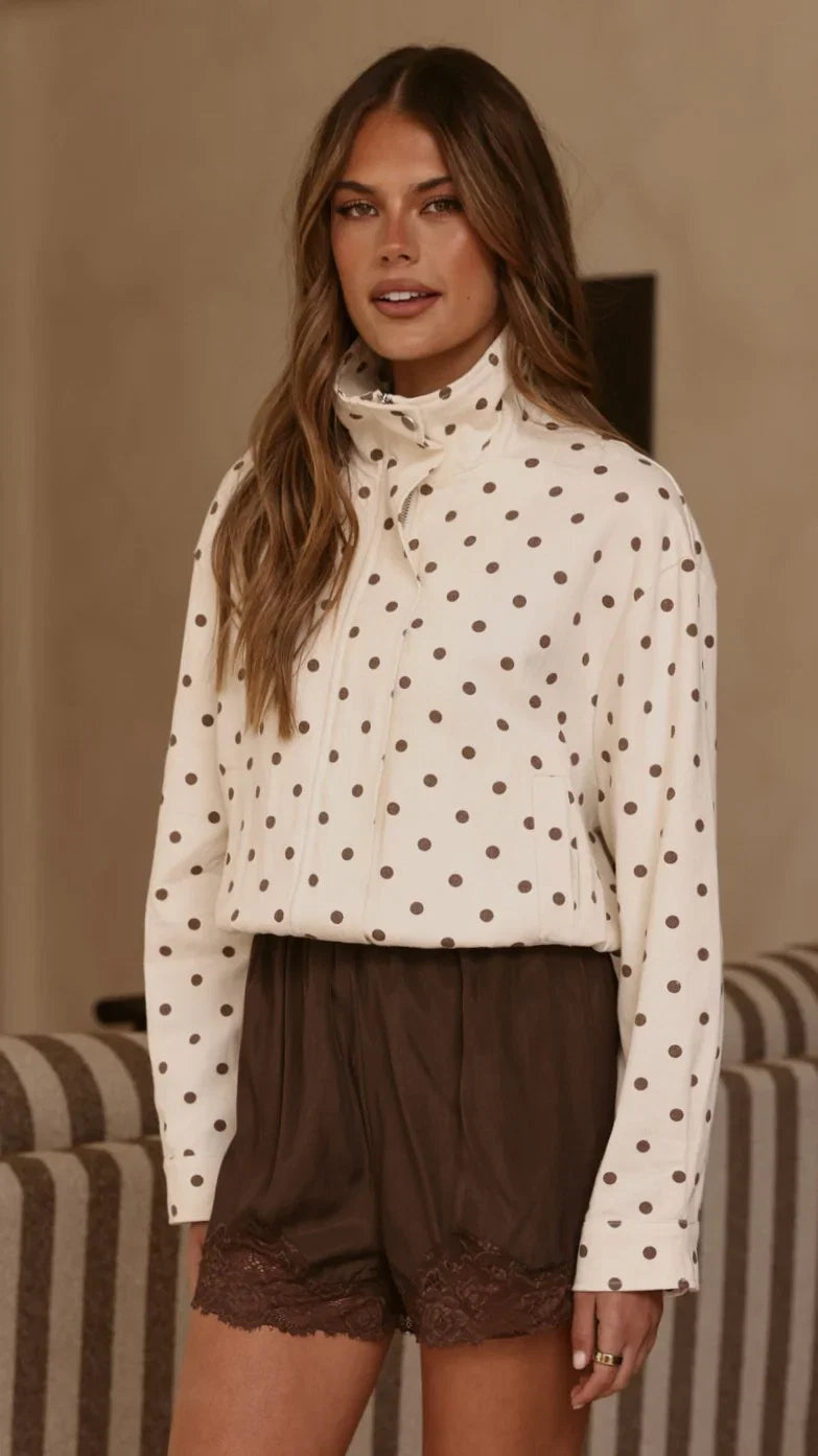 Nessie Funnel Neck Jacket Cream Chocolate Polka