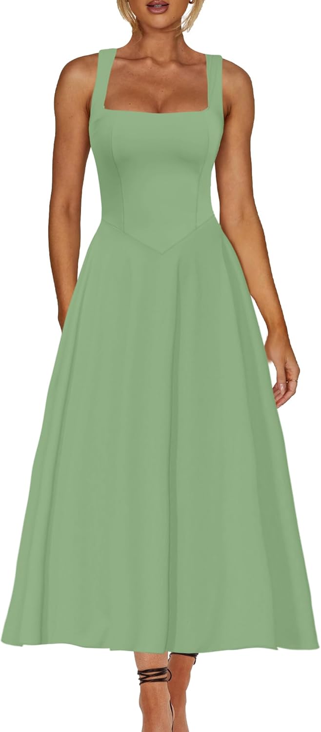 Square Neck Sleeveless A Line Maxi Dress Smocked Ruffle Flowy Casual Long Dresses