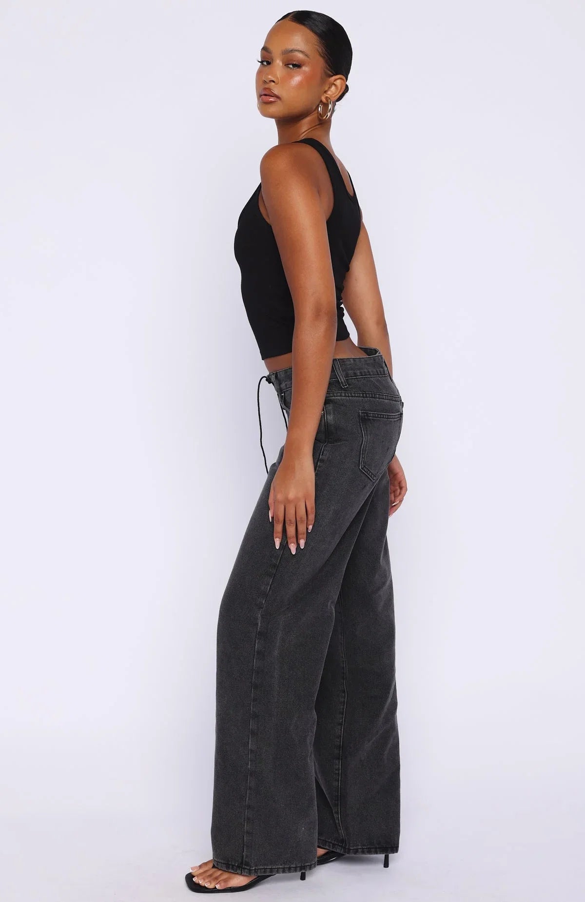 Making Appearances Mid Rise Lace Up Straight Leg Jeans Black Acid Wash