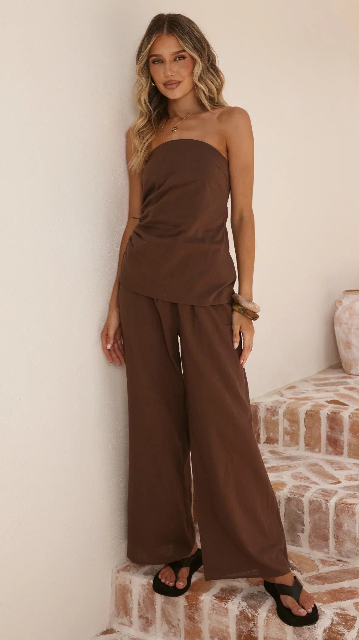 Yuki Strapless Top and Pants Set Chocolate