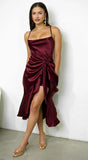 Sorrente Satin Twist Front Midi Dress Burgundy