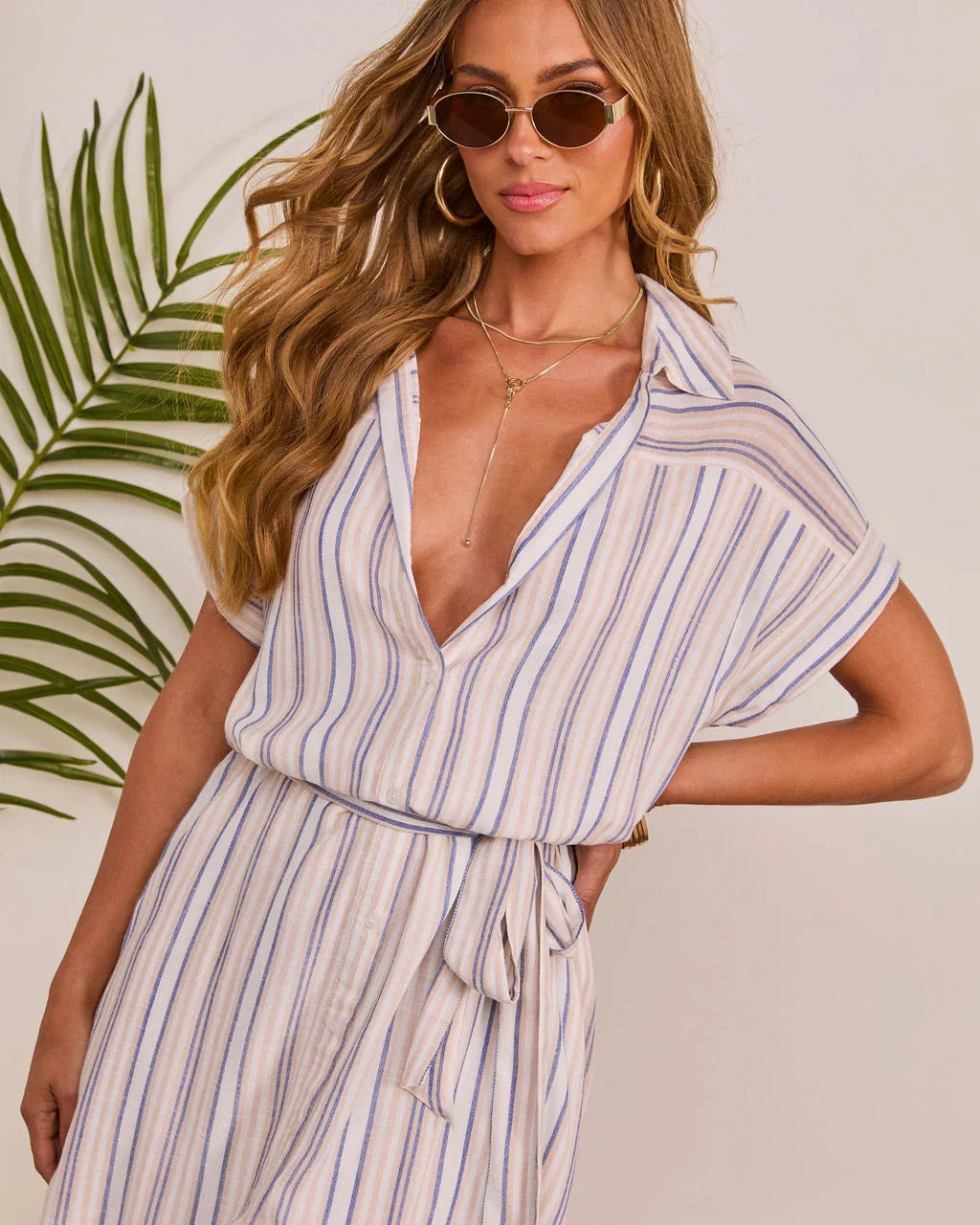 Sundrop Escape Striped Waist Tie Midi Shirt Dress