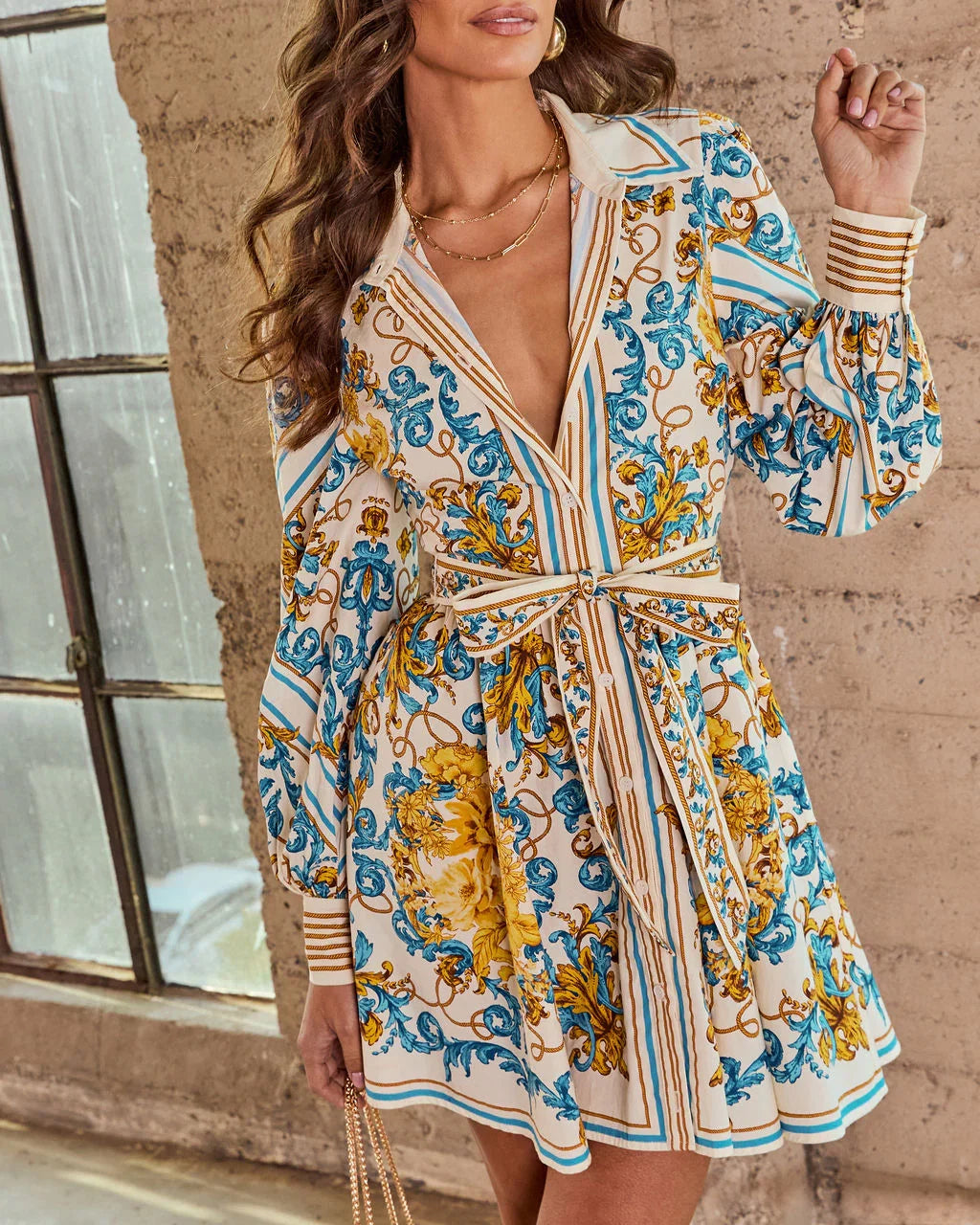 Style Authority Paisley Waist Tie Mini Shirt Dress