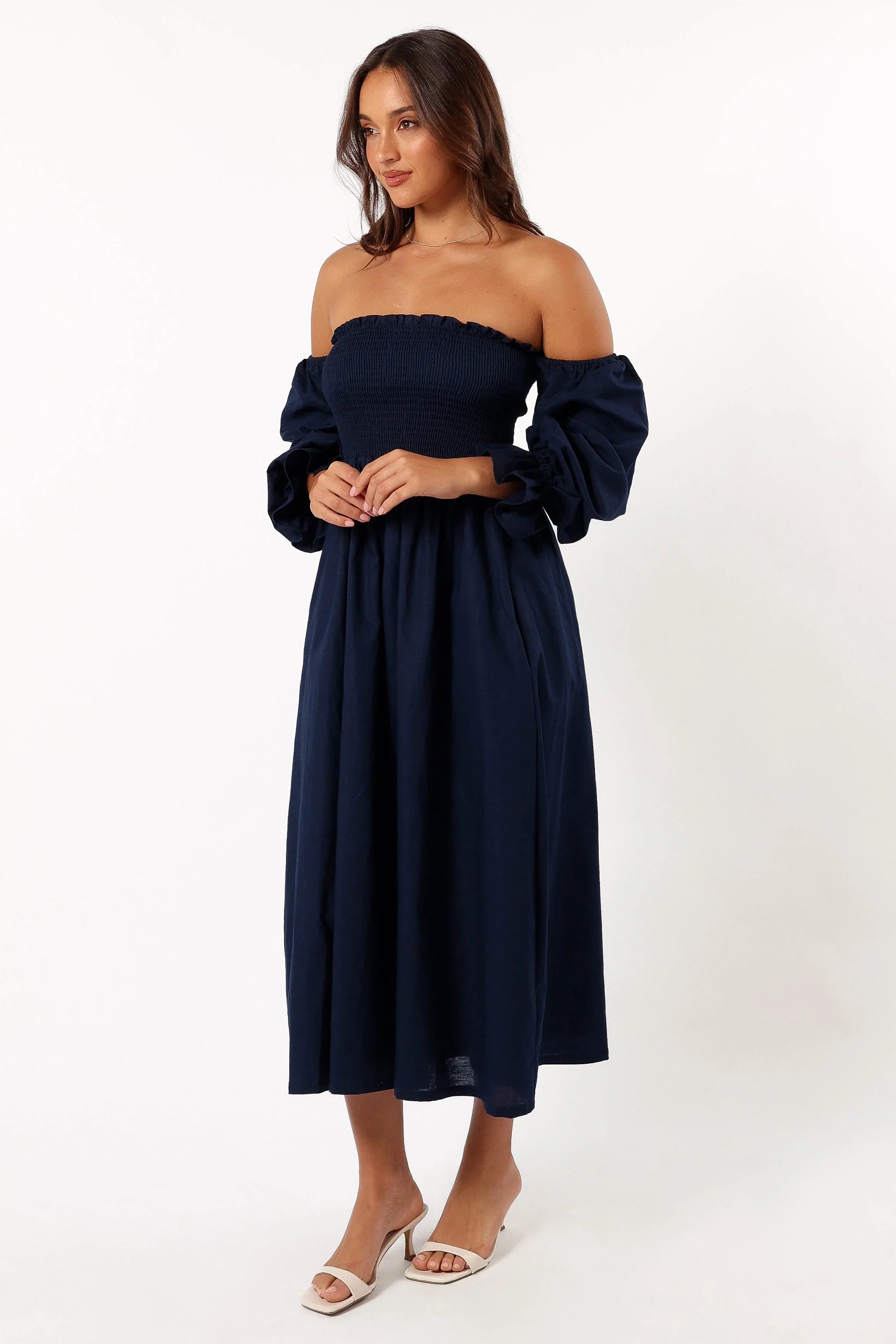 Domenica Shirred Long Sleeve Dress Navy