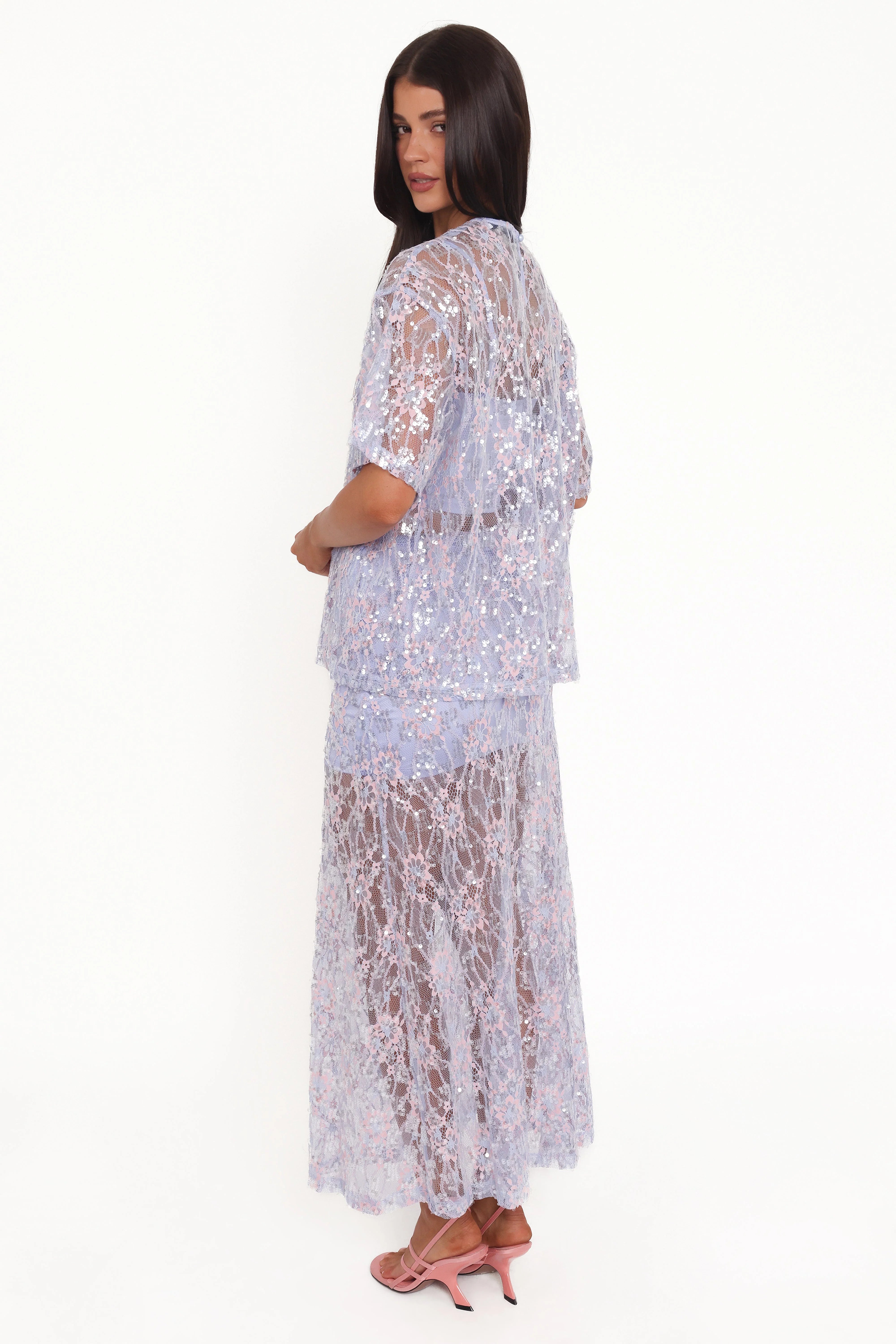 Yonder Sheer Panel Lace Maxi Skirt Purple