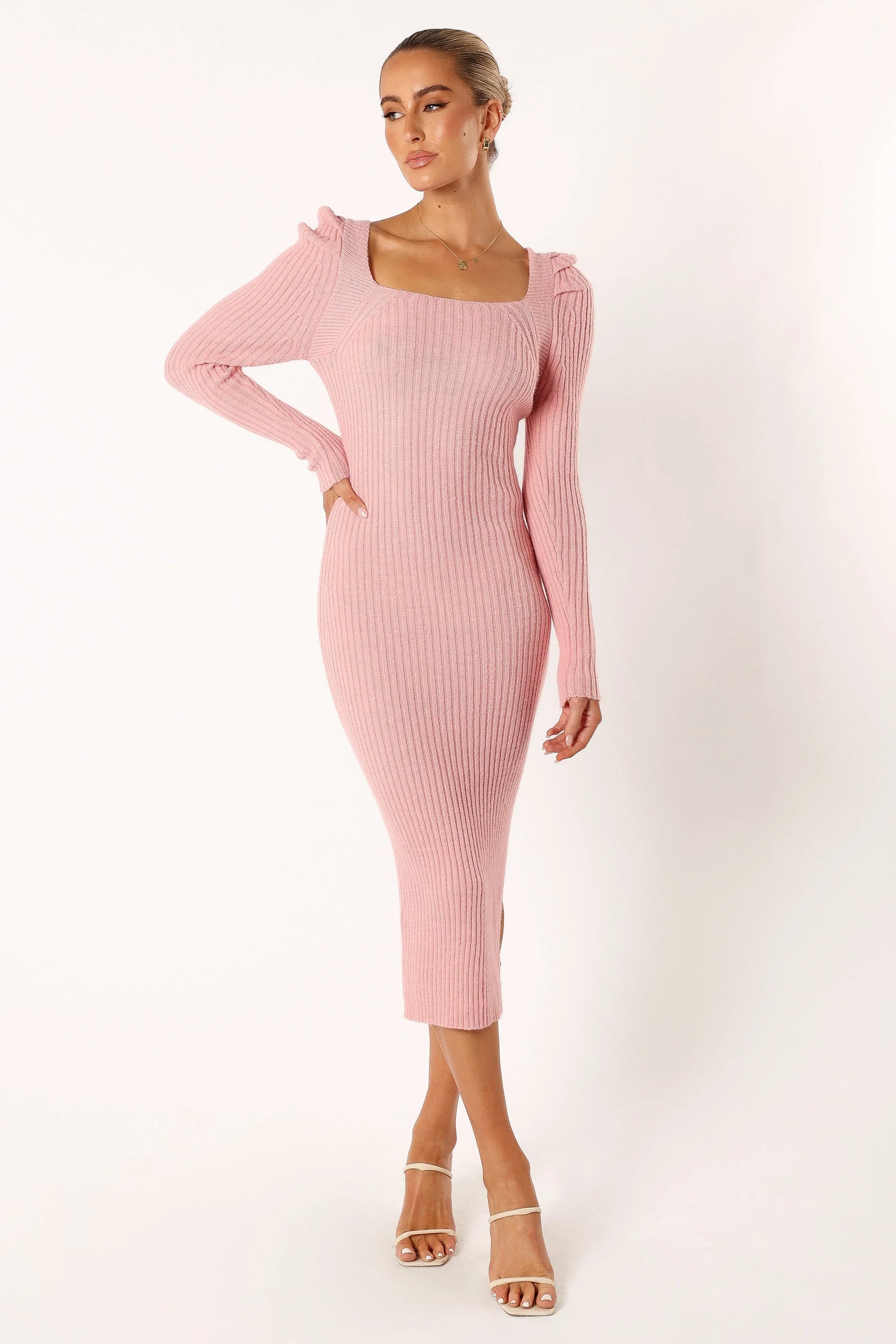 Camryn Puff Sleeve Knit Sweater Midi Dress Blush