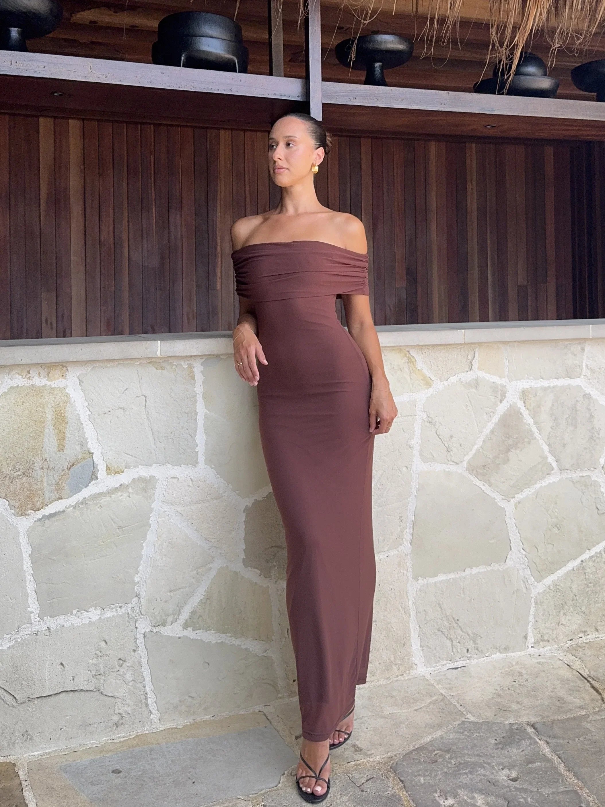 Darcey Off Shoulder Maxi Dress Brown