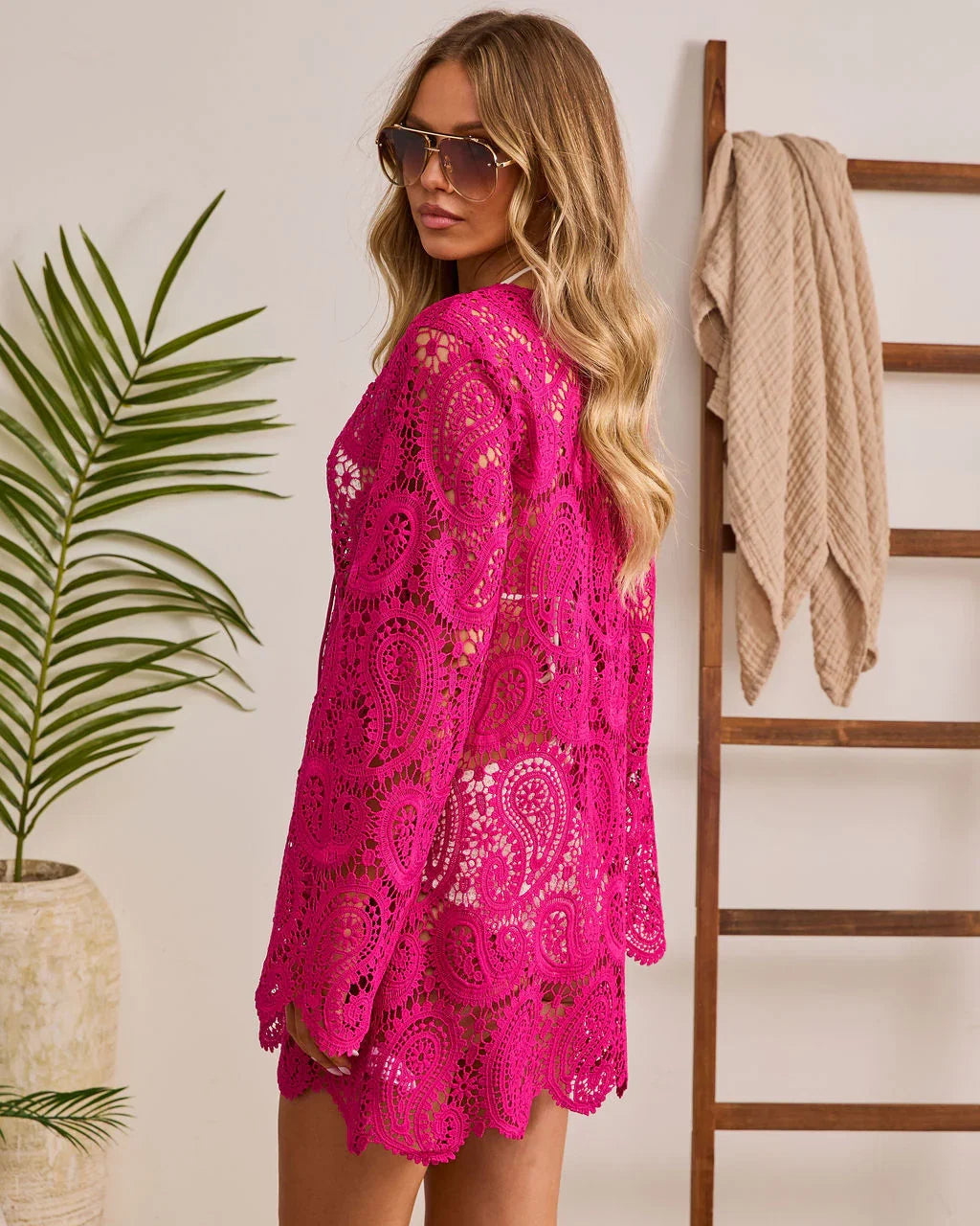 Warm Amber Lace Cover Up Mini Dress