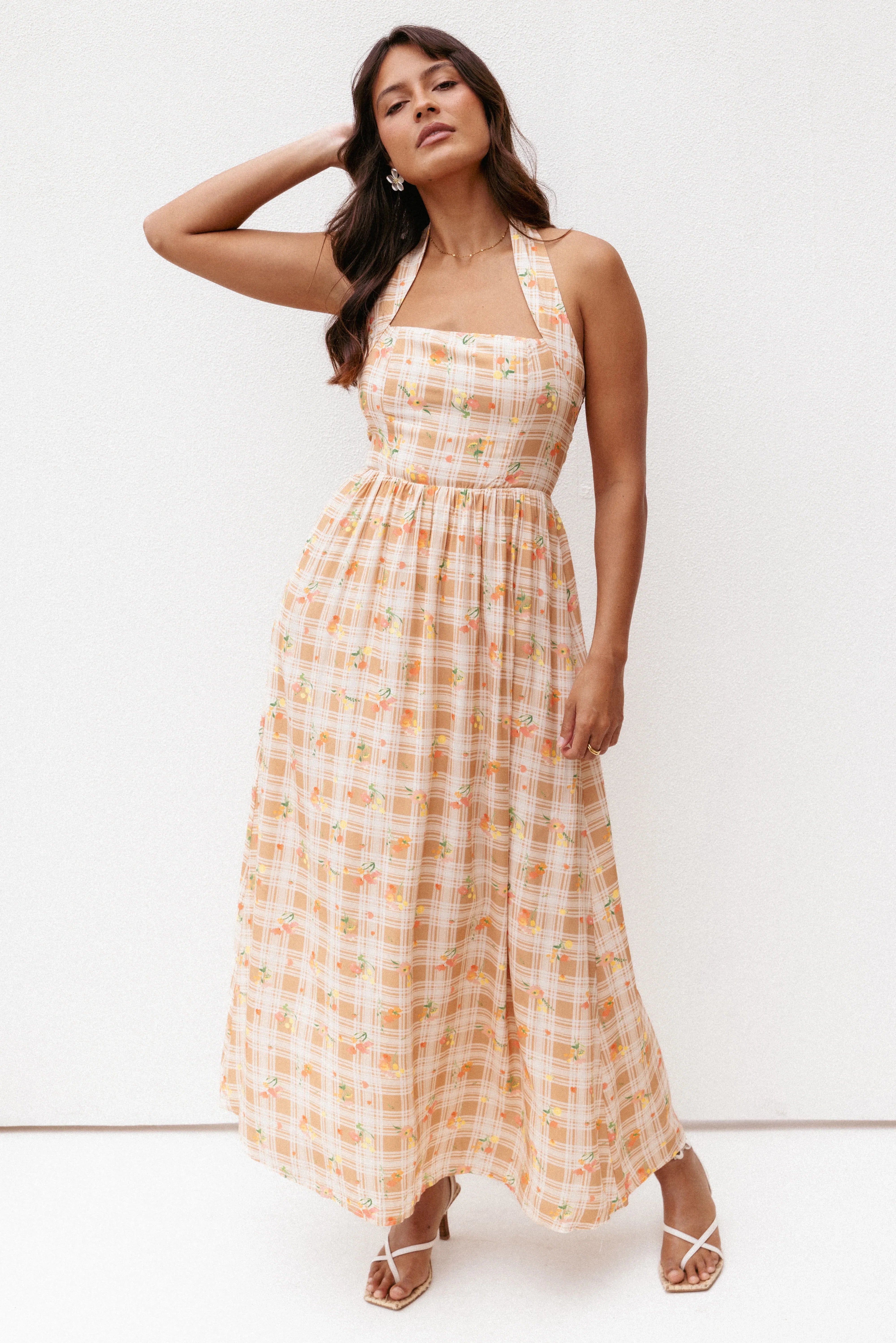 Gemini Halterneck Maxi Dress Yellow Floral Gingham