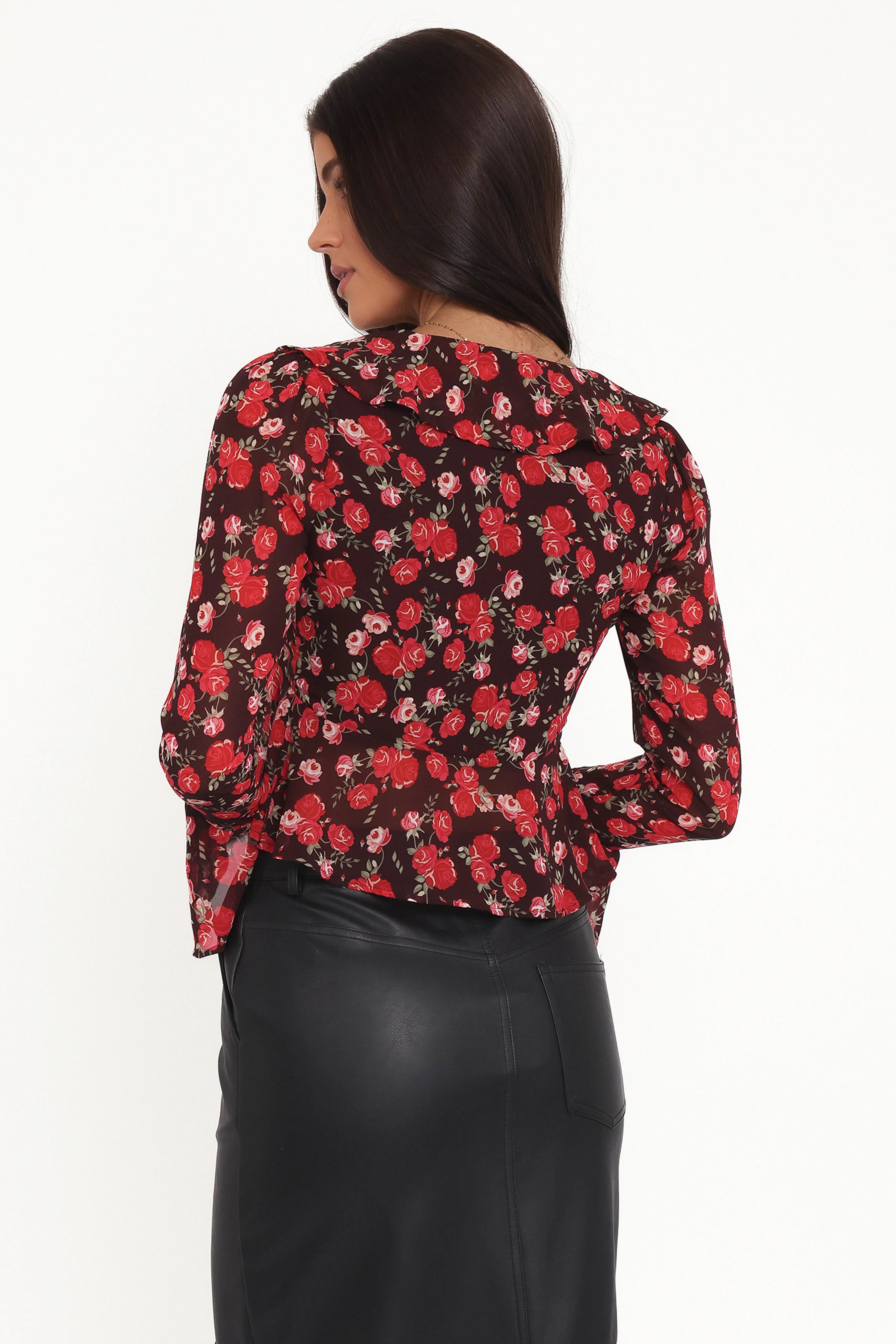 Aveline Chiffon Ruffle Front Top Brown Floral