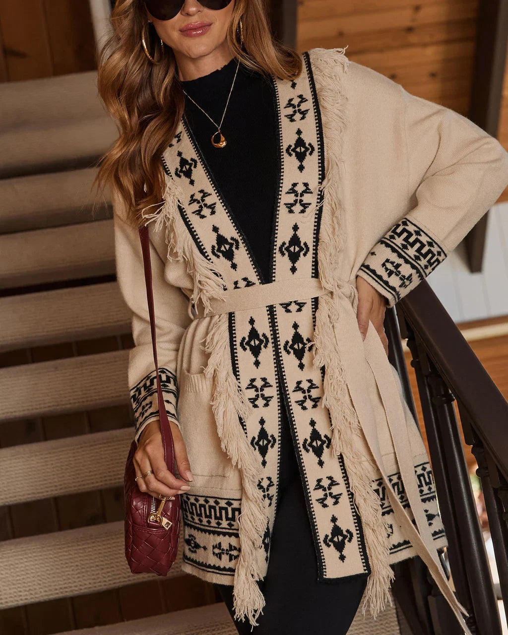 Winter Ember Abstract Waist Tie Cardigan