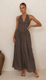 Rachel Tie Back Maxi Dress Chocolate White Spot