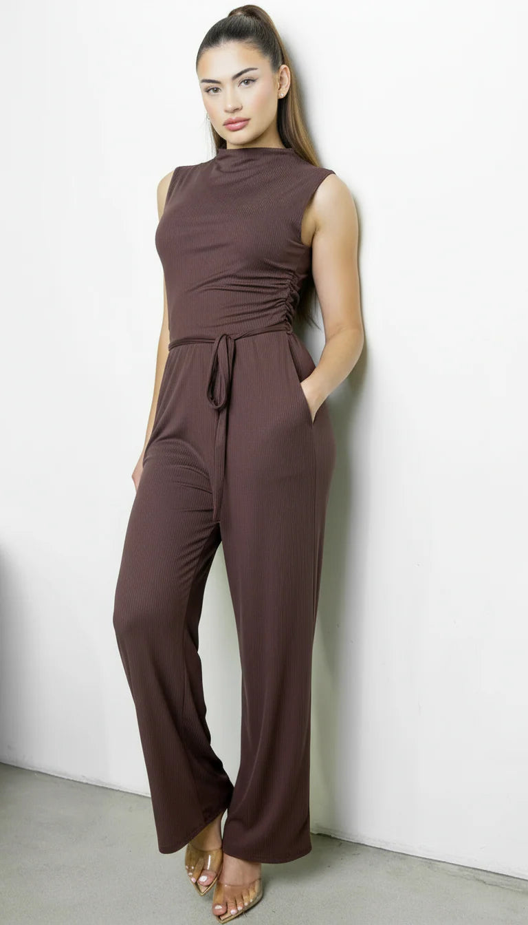 Cael Ribbed Mock Neck Jumpsuit Brown