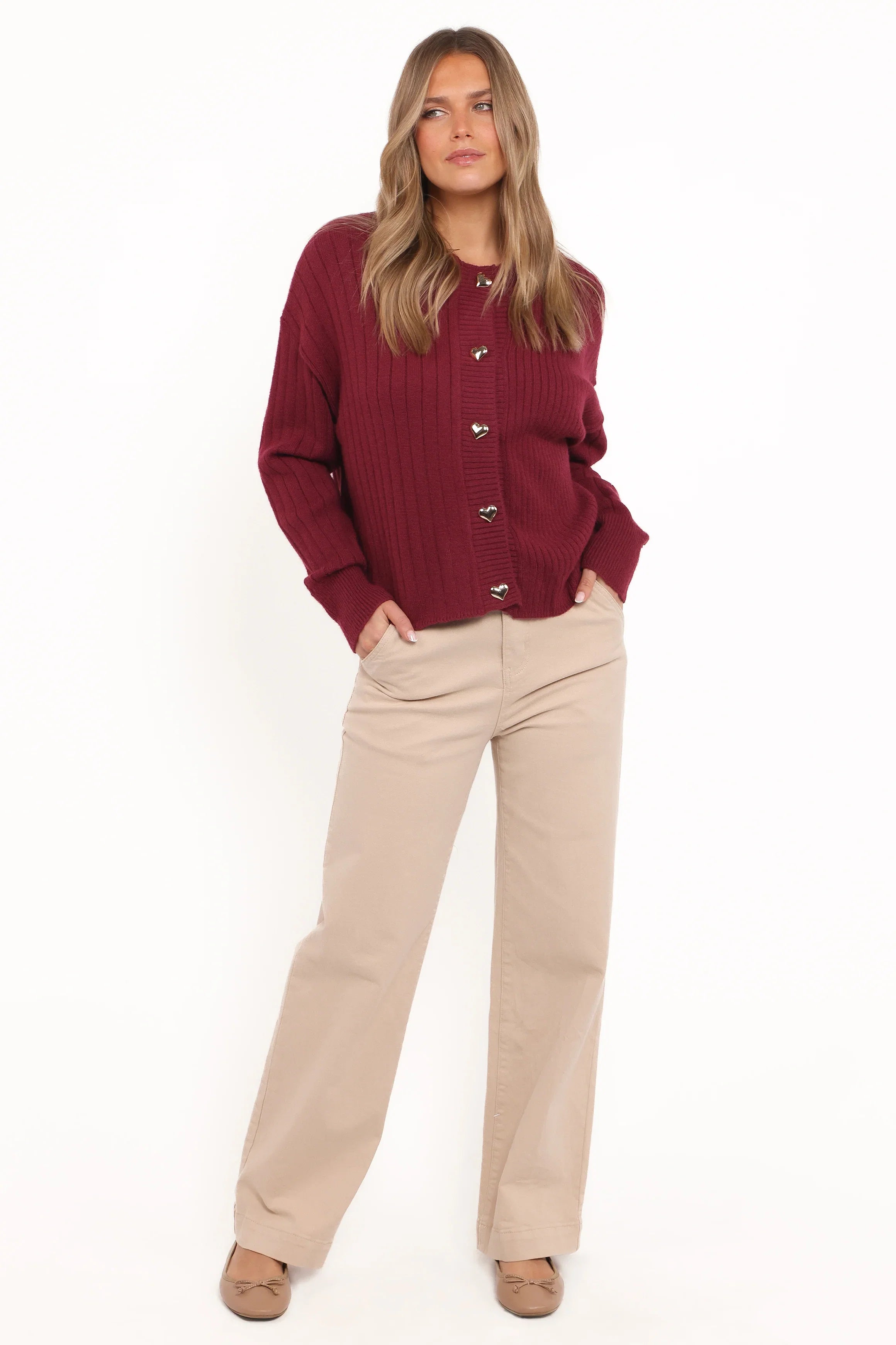 Loulani Heart Button Cardigan Cherry