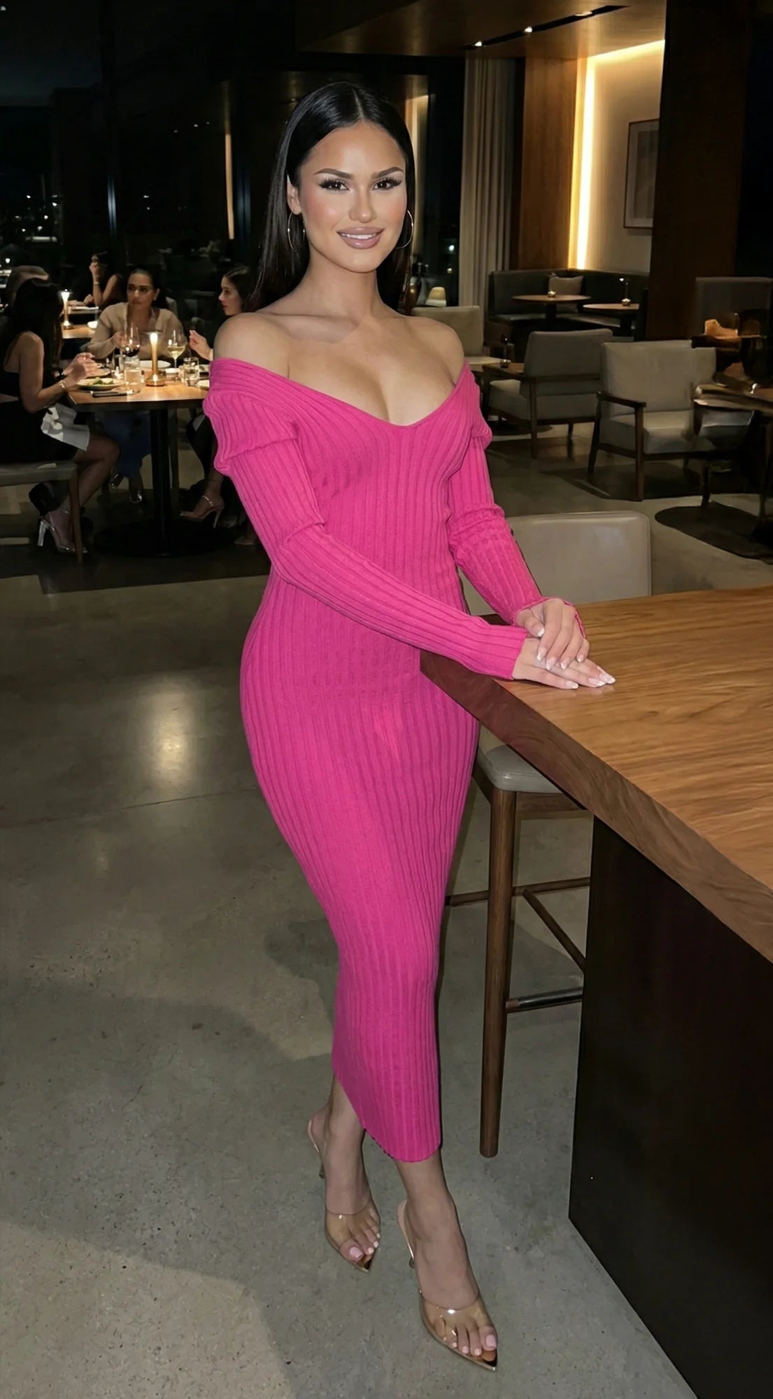 Lio Off Shoulder Ribbed Midi Dress Pink