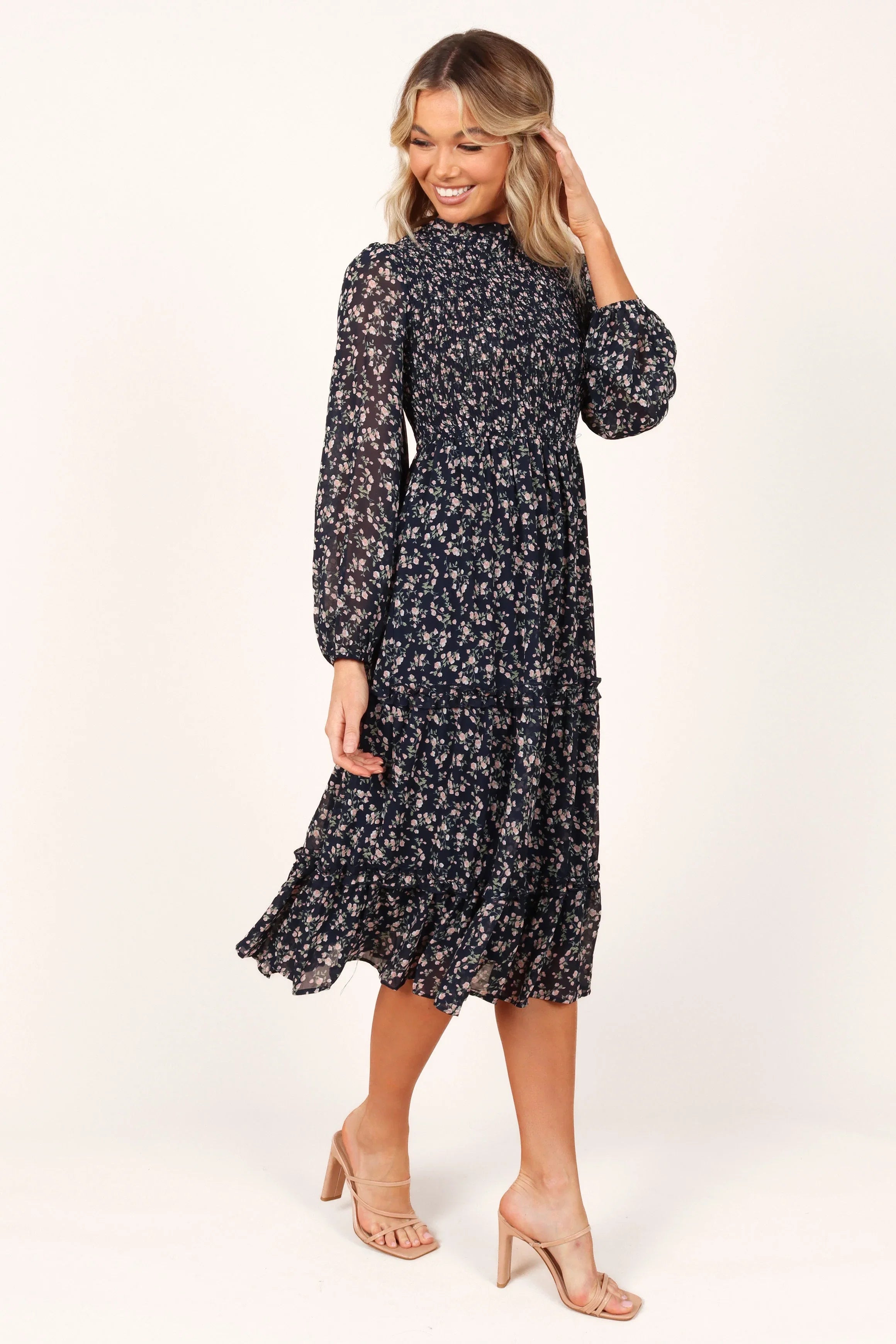 Edwina Shirred Frill Long Sleeve Midi Dress Navy Floral