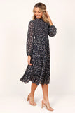 Edwina Shirred Frill Long Sleeve Midi Dress Navy Floral