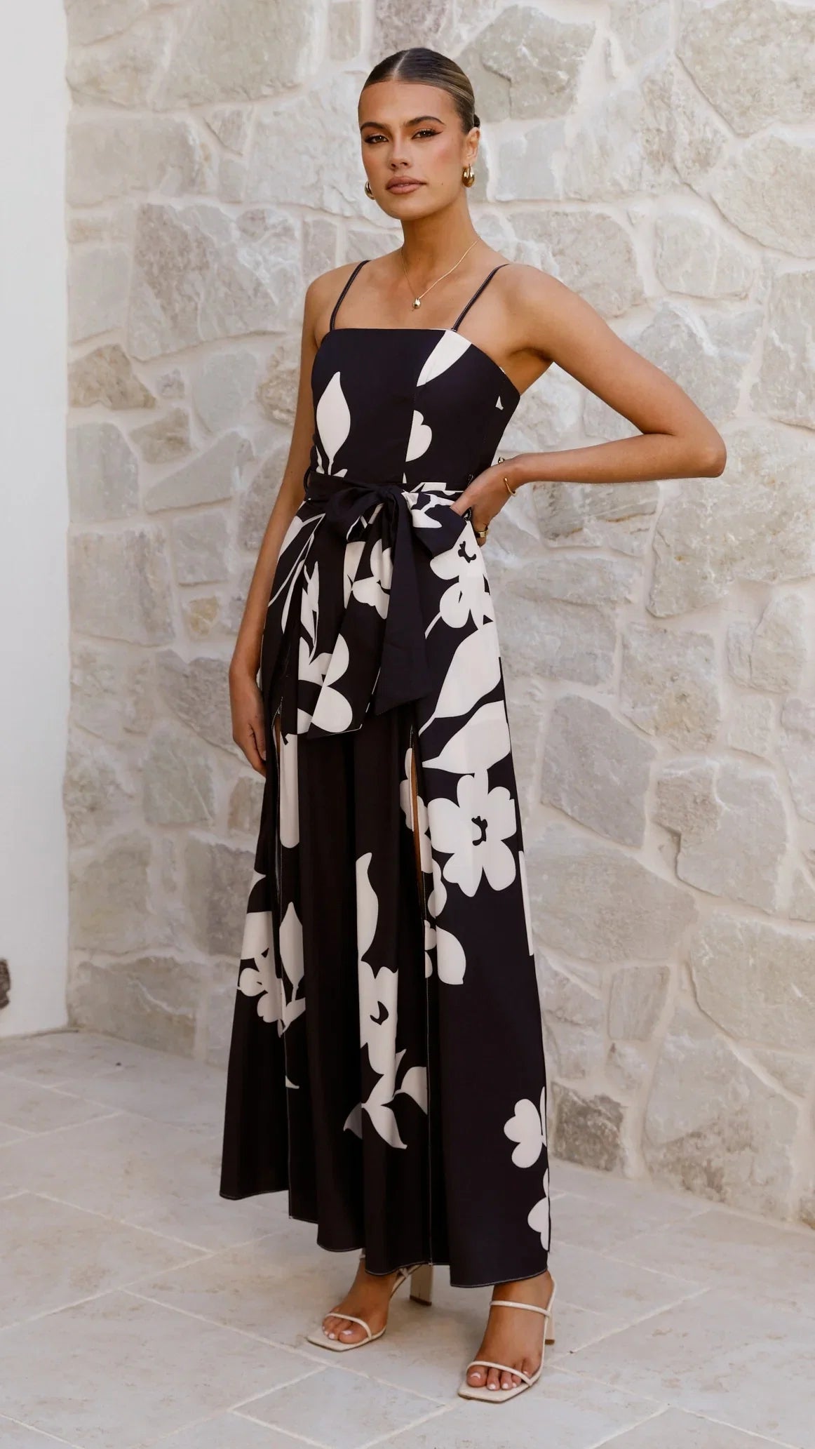 Carson Front Split Strapless Jumpsuit Black Floral