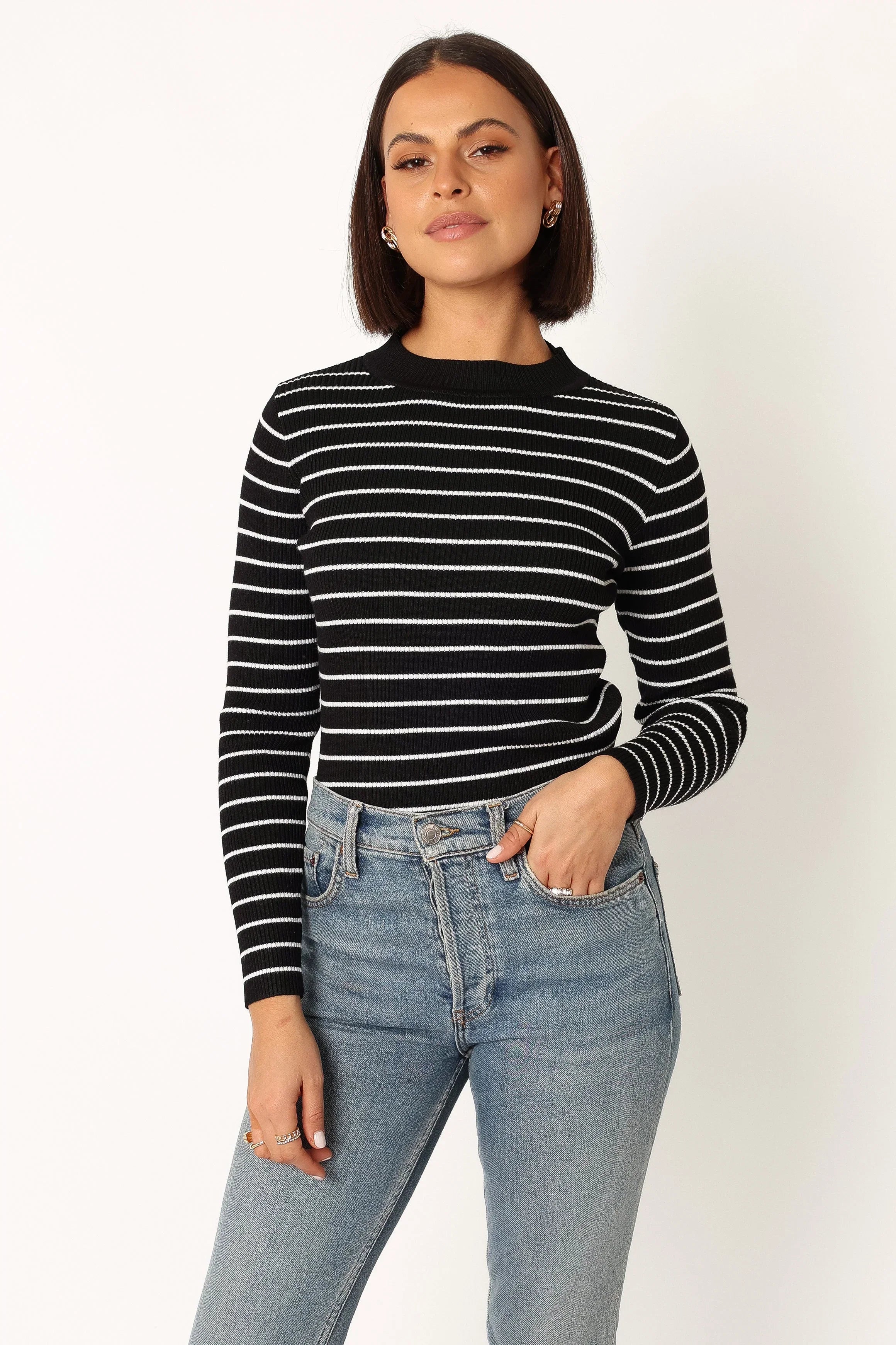 Stacie Ribbed Knit Top Black Stripe