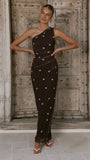 Cataleya Maxi Dress Brown Blue Polka Dot