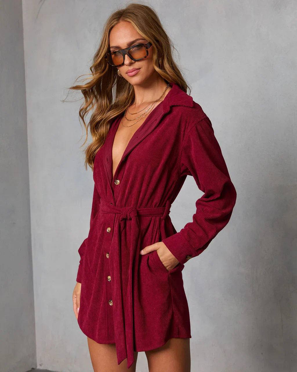 Sherna Corduroy Front Tie Mini Dress