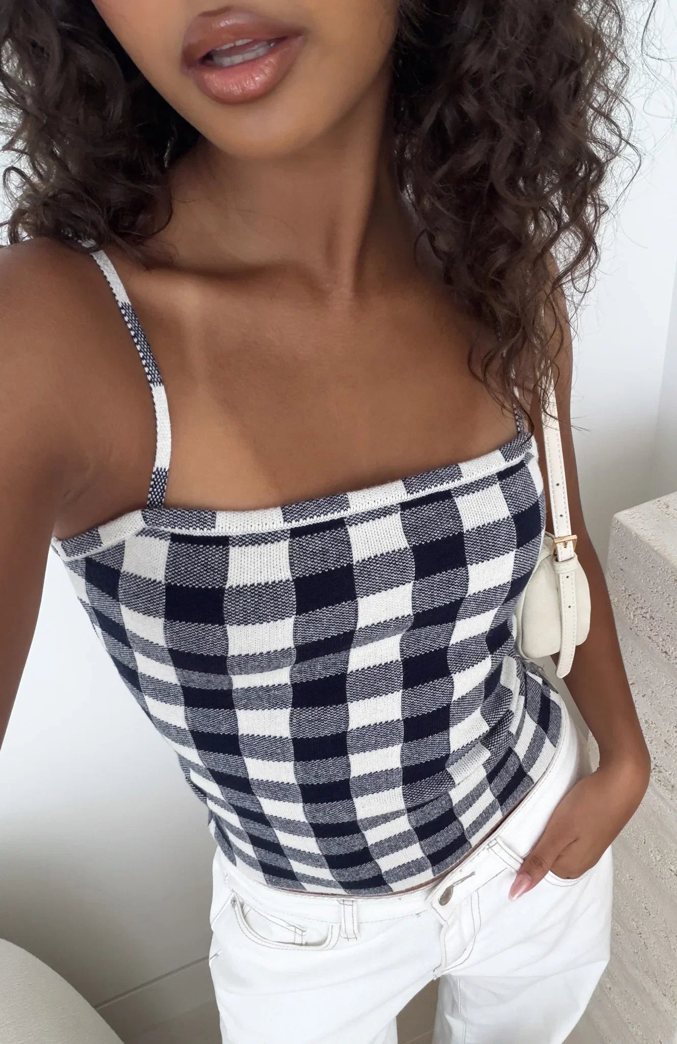 Iconic Duo Knit Cami Top Navy Cream Gingham