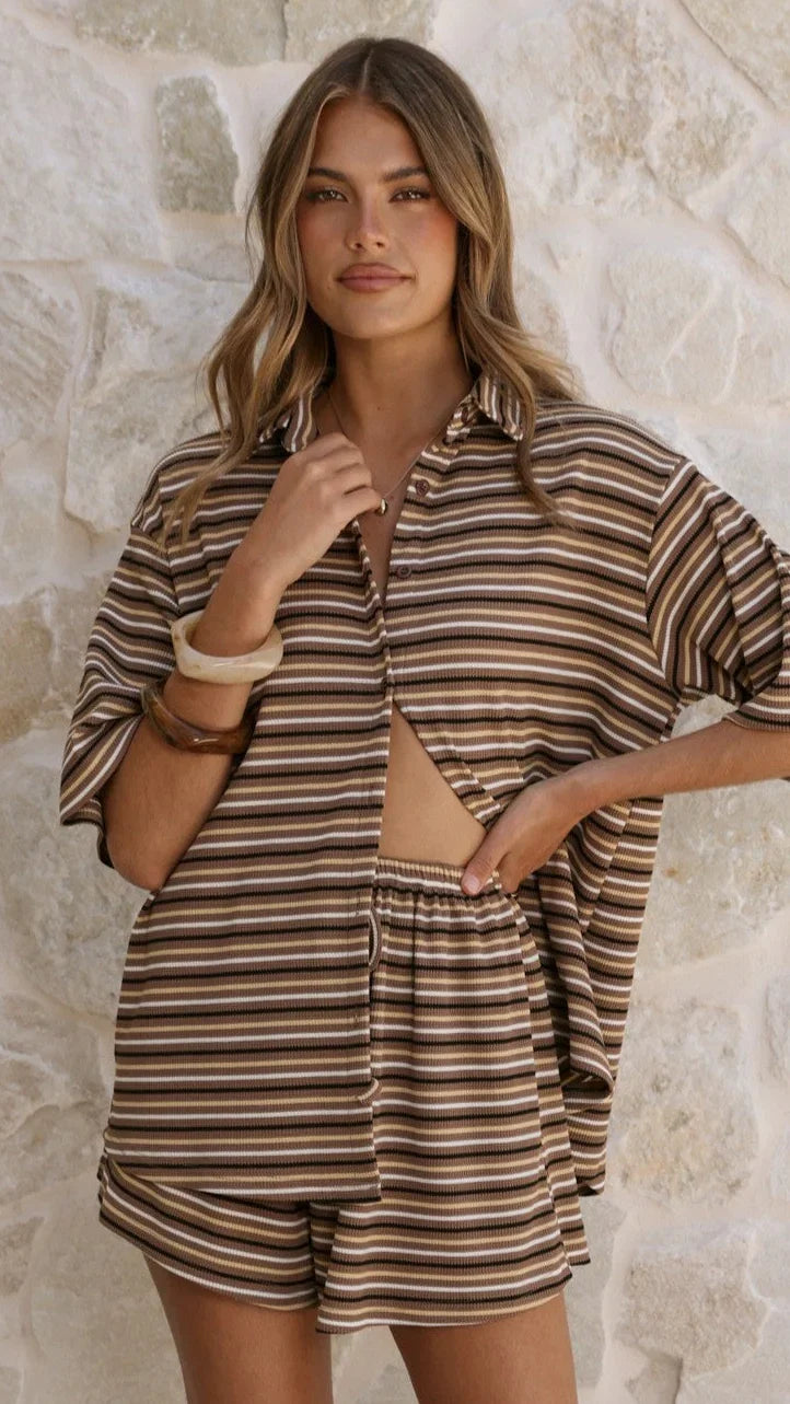Tali Button Up Shirt and Shorts Set Mocha Yellow Stripe