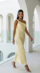 Valencia One Shoulder Satin Maxi Dress Butter Yellow