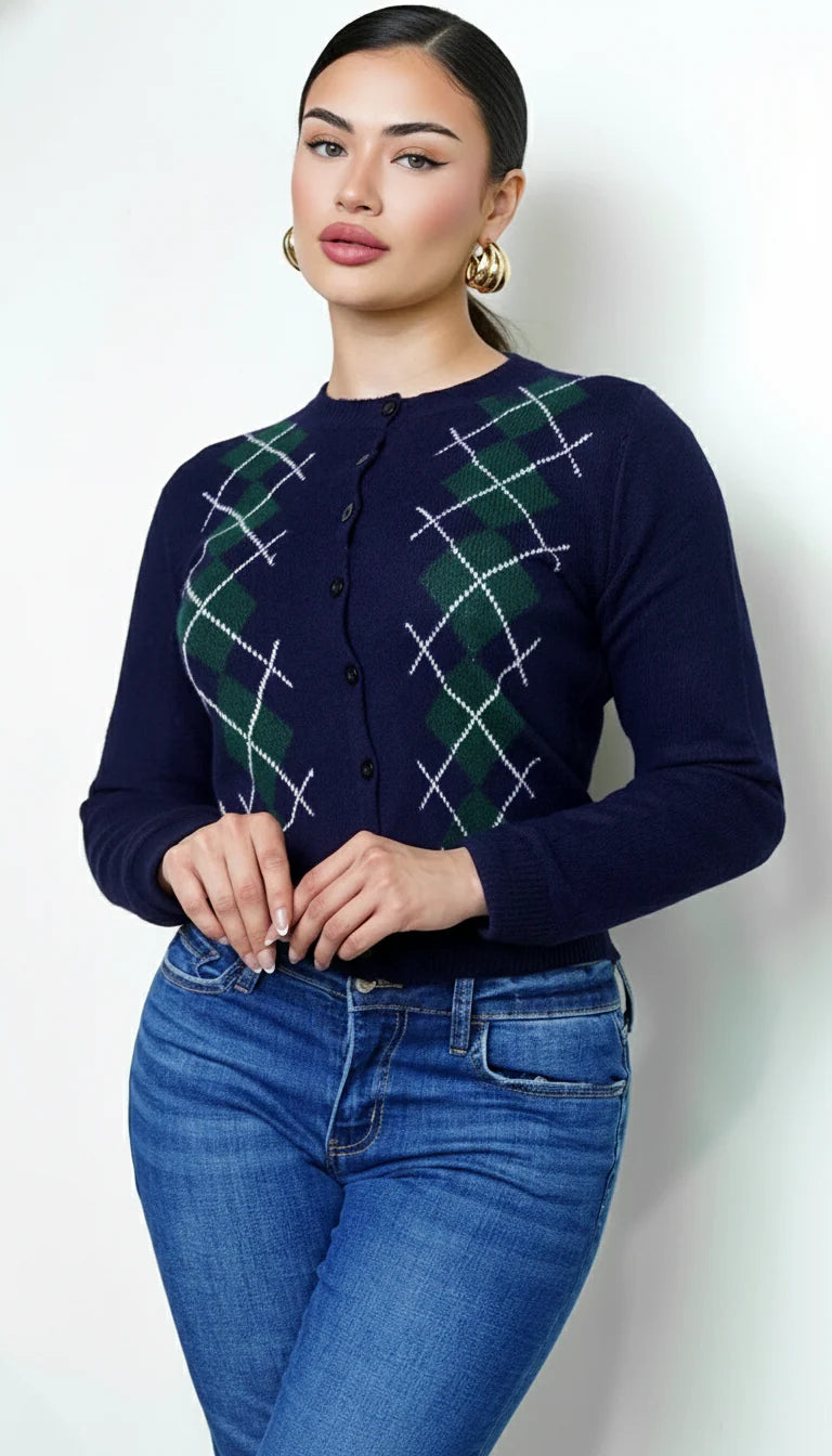 Mirex Argyle Knit Cardigan Navy