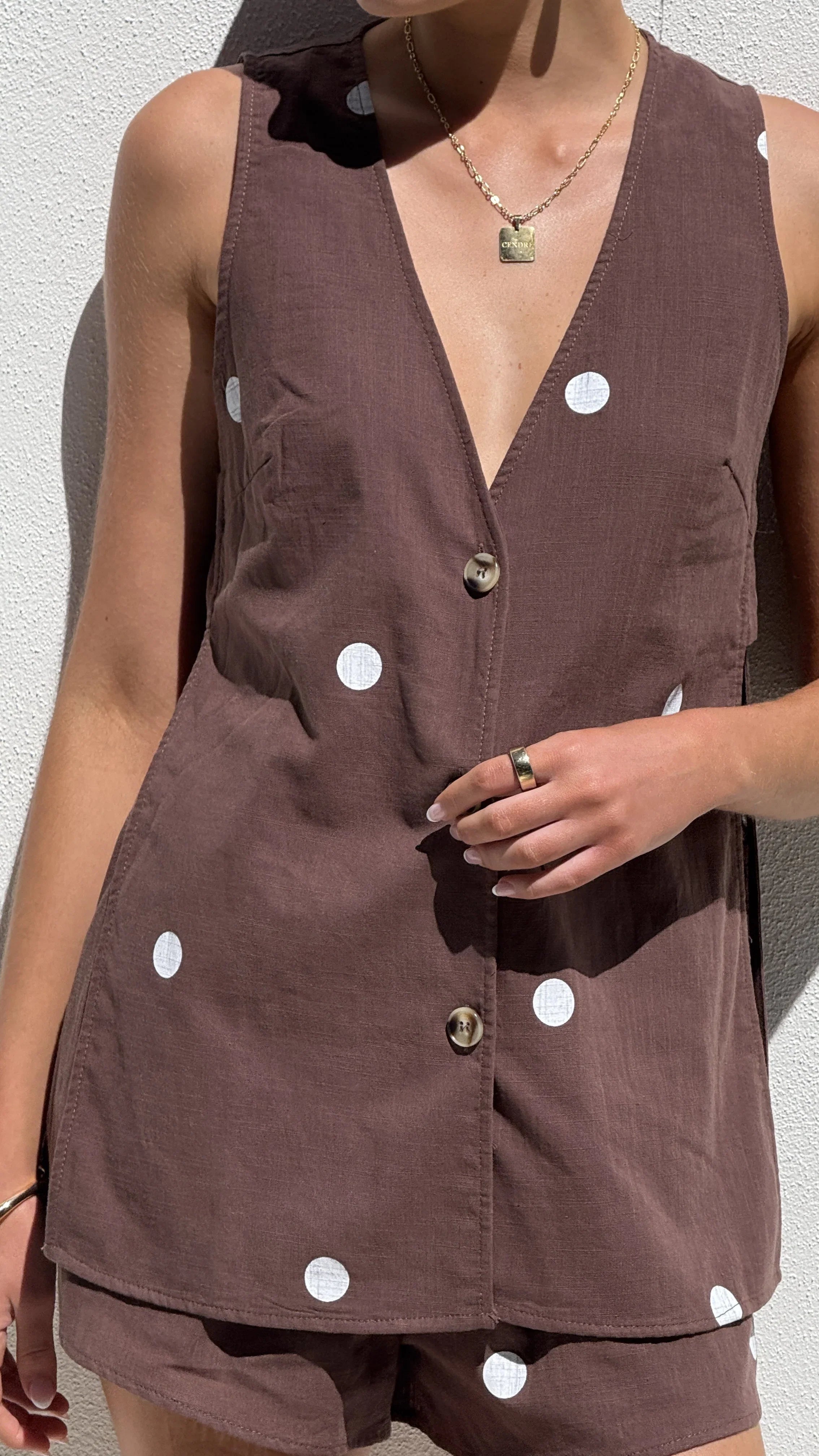 Hayley Vest and Shorts Set Chocolate White Polka Dot