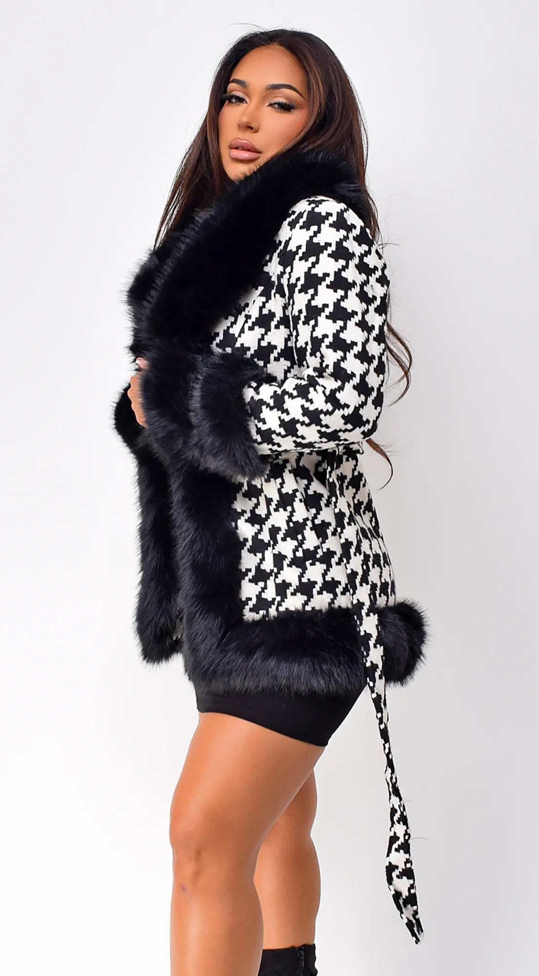 Korinna Houndstooth Faux Fur Coat Black