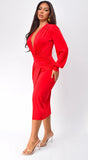 Natasa Long Sleeve Wrap Midi Dress Red