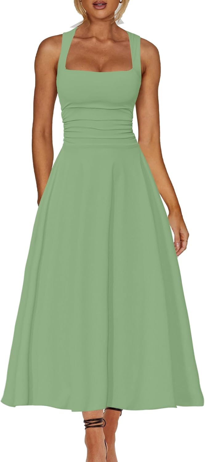 A Line Maxi Dress Ruffle Ruched Waist Flowy Long Dresses