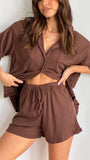 Machiko Button Up Shirt and Shorts Set Brown Waffle Knit
