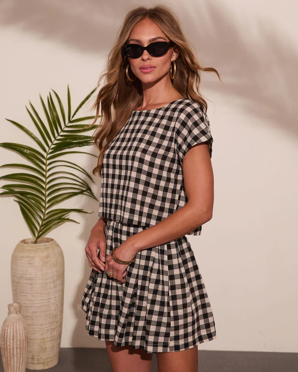 Velmiah Gingham Print Short Sleeve Top