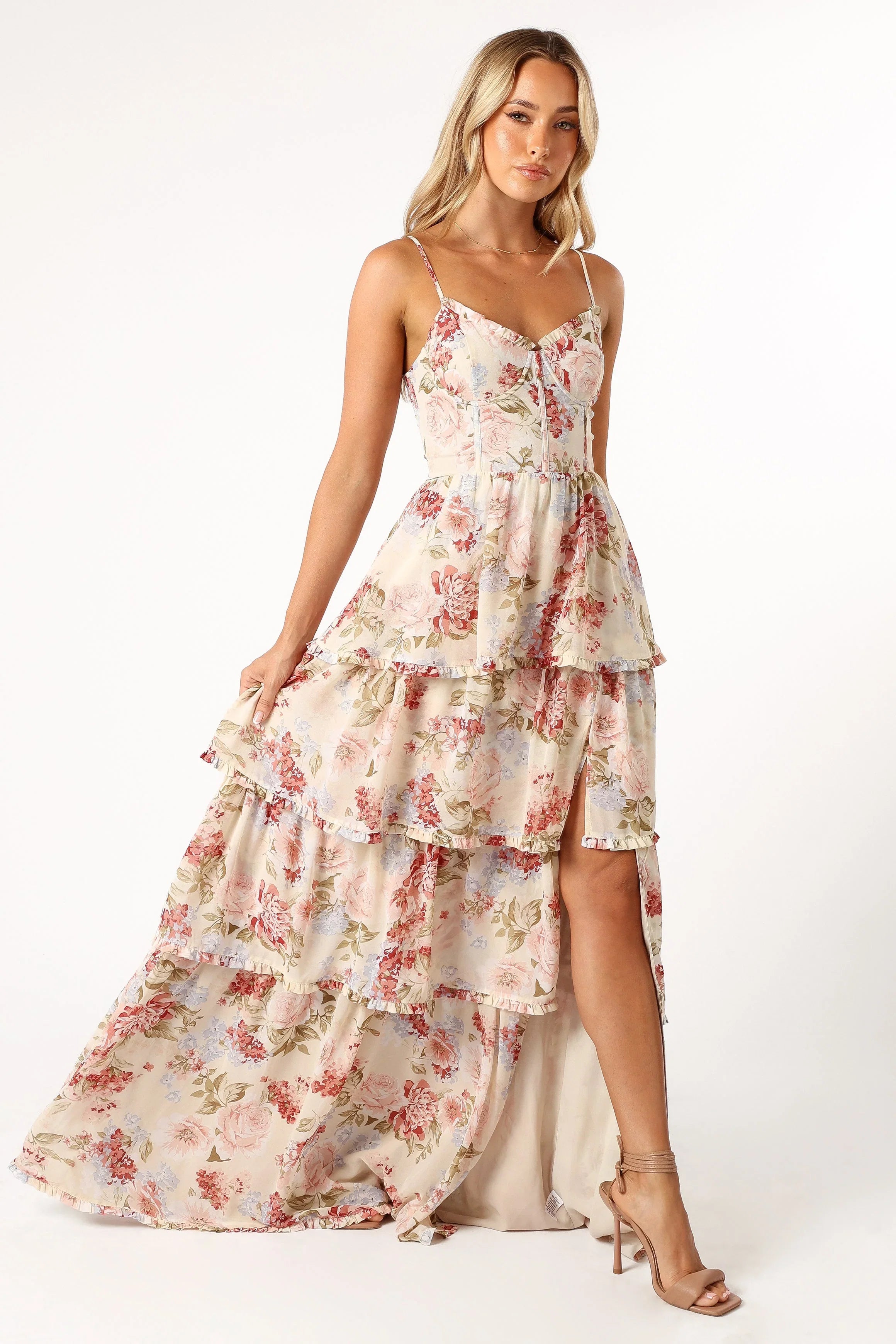 Mito Tiered Maxi Dress Cream Floral