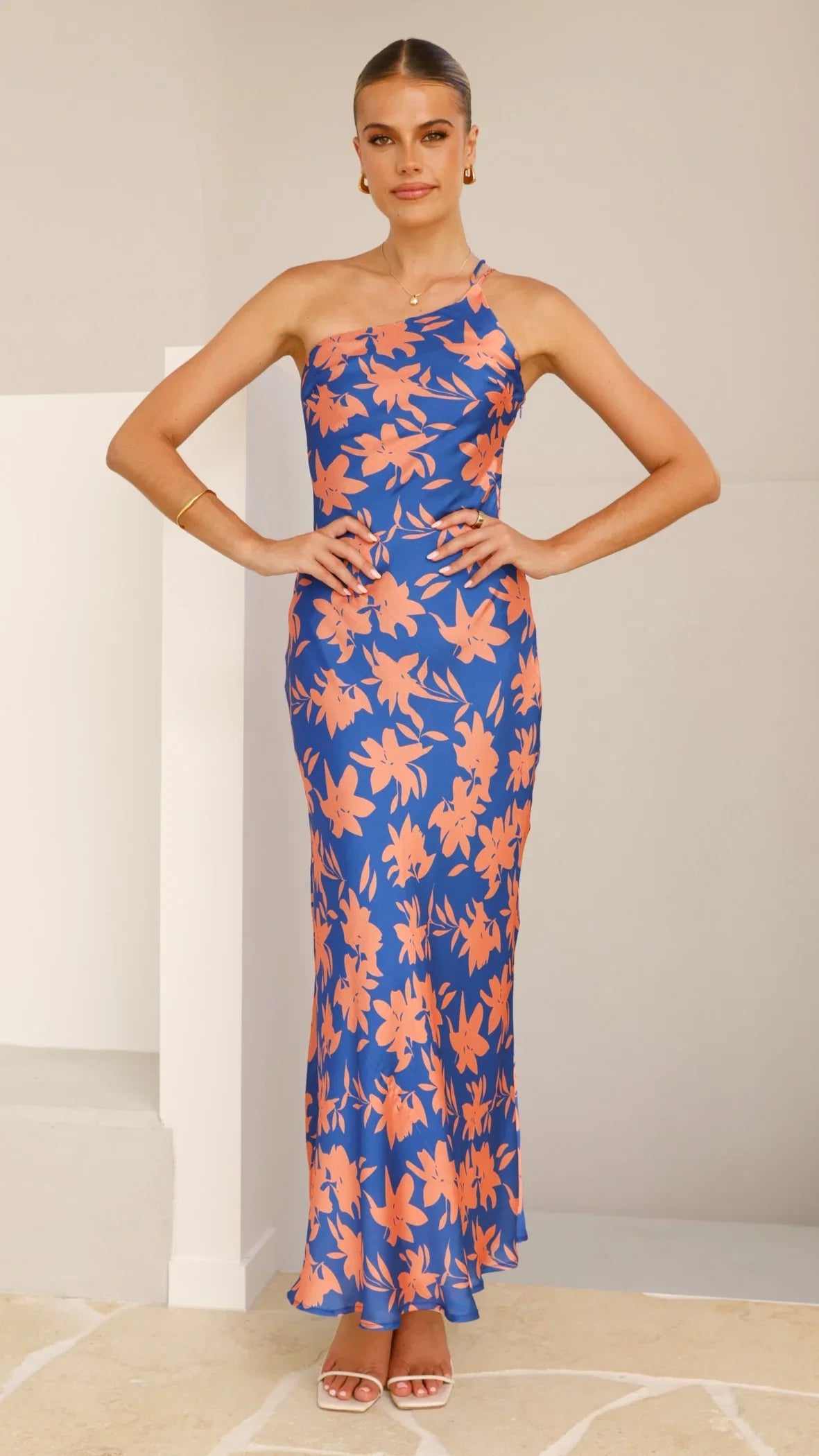 Verity One Shoulder Maxi Dress Orange Blue Floral