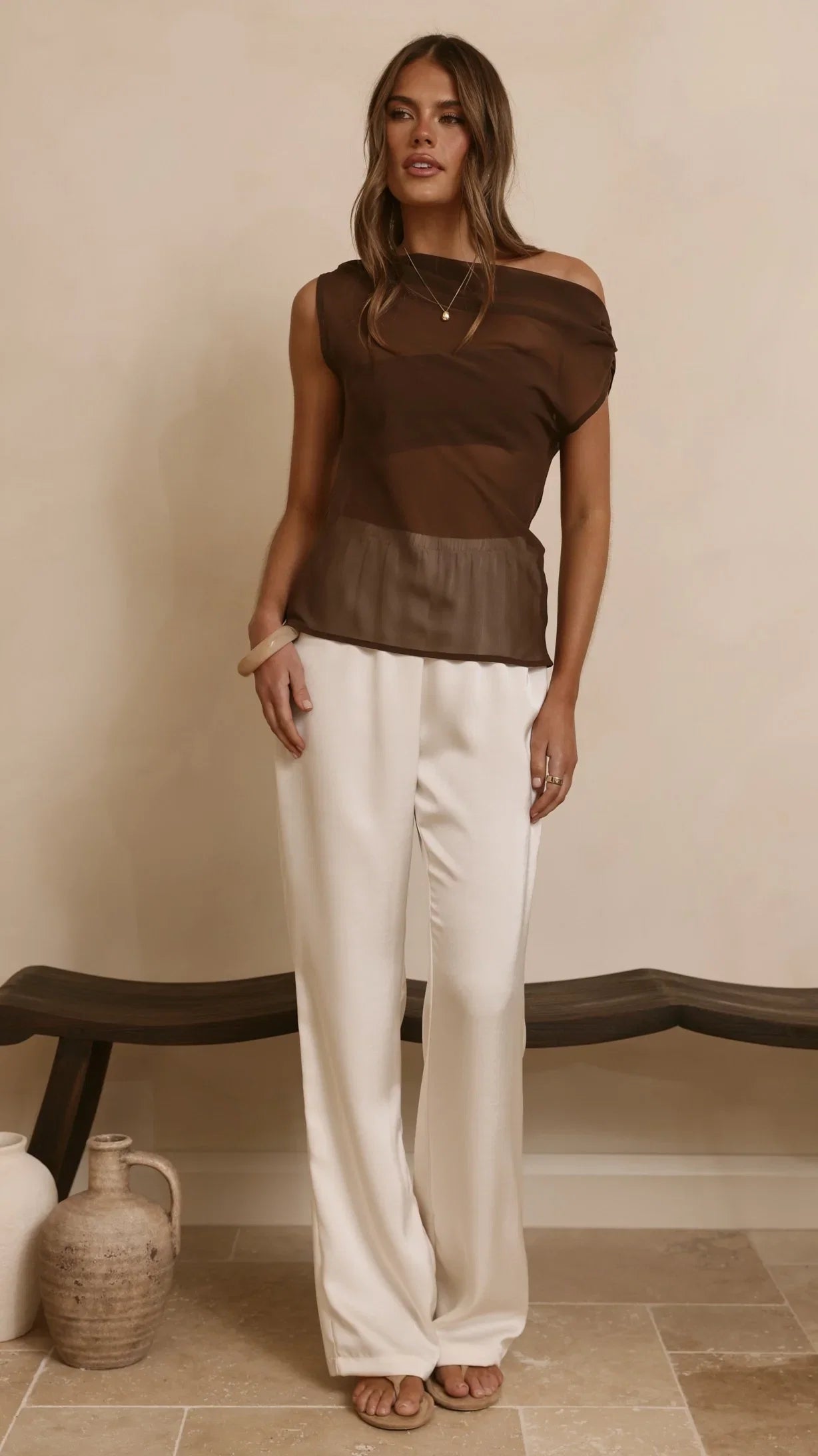 Zabella Sheer Off Shoulder Top Chocolate