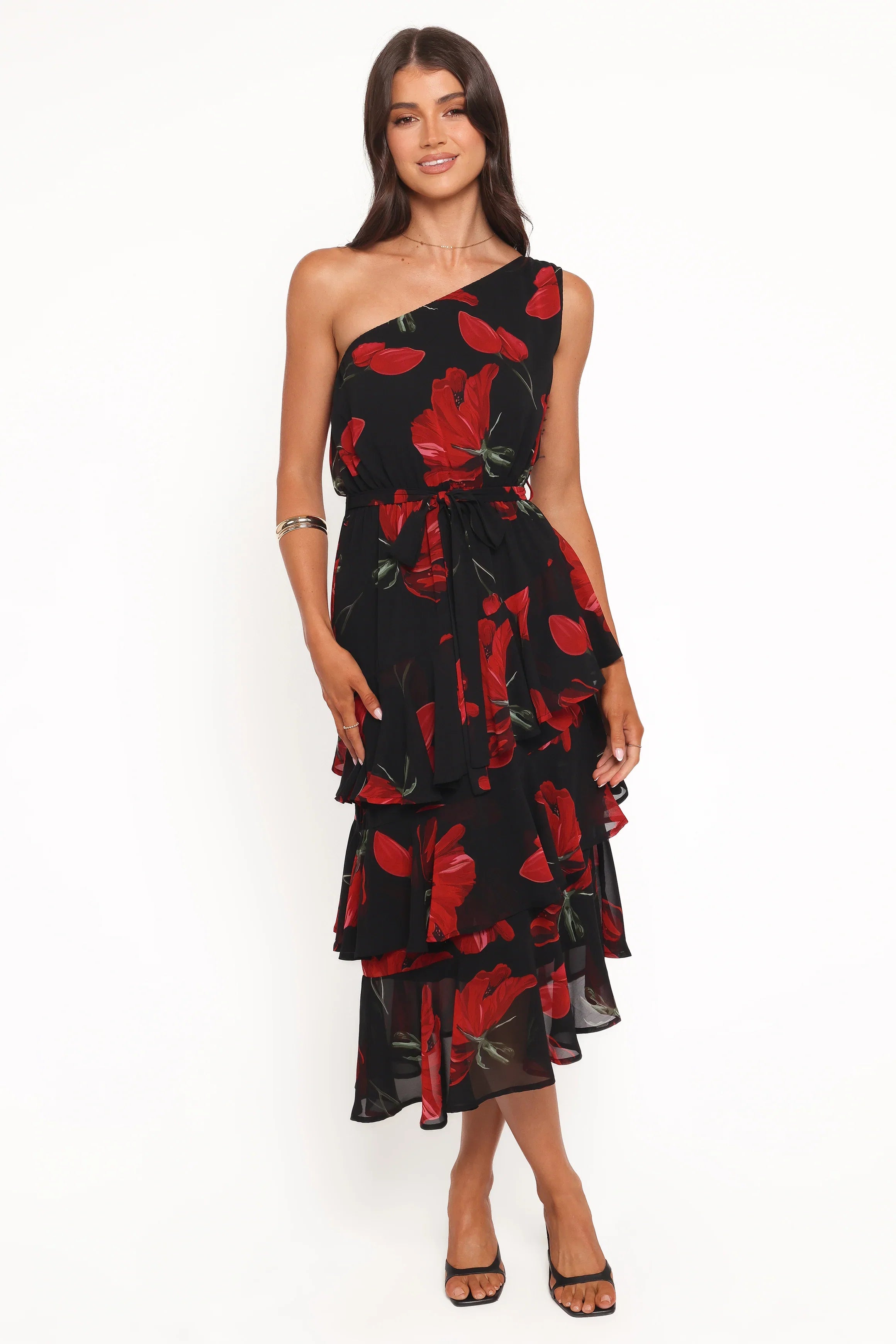 Brigette One Shoulder Tiered Midi Dress Red Floral