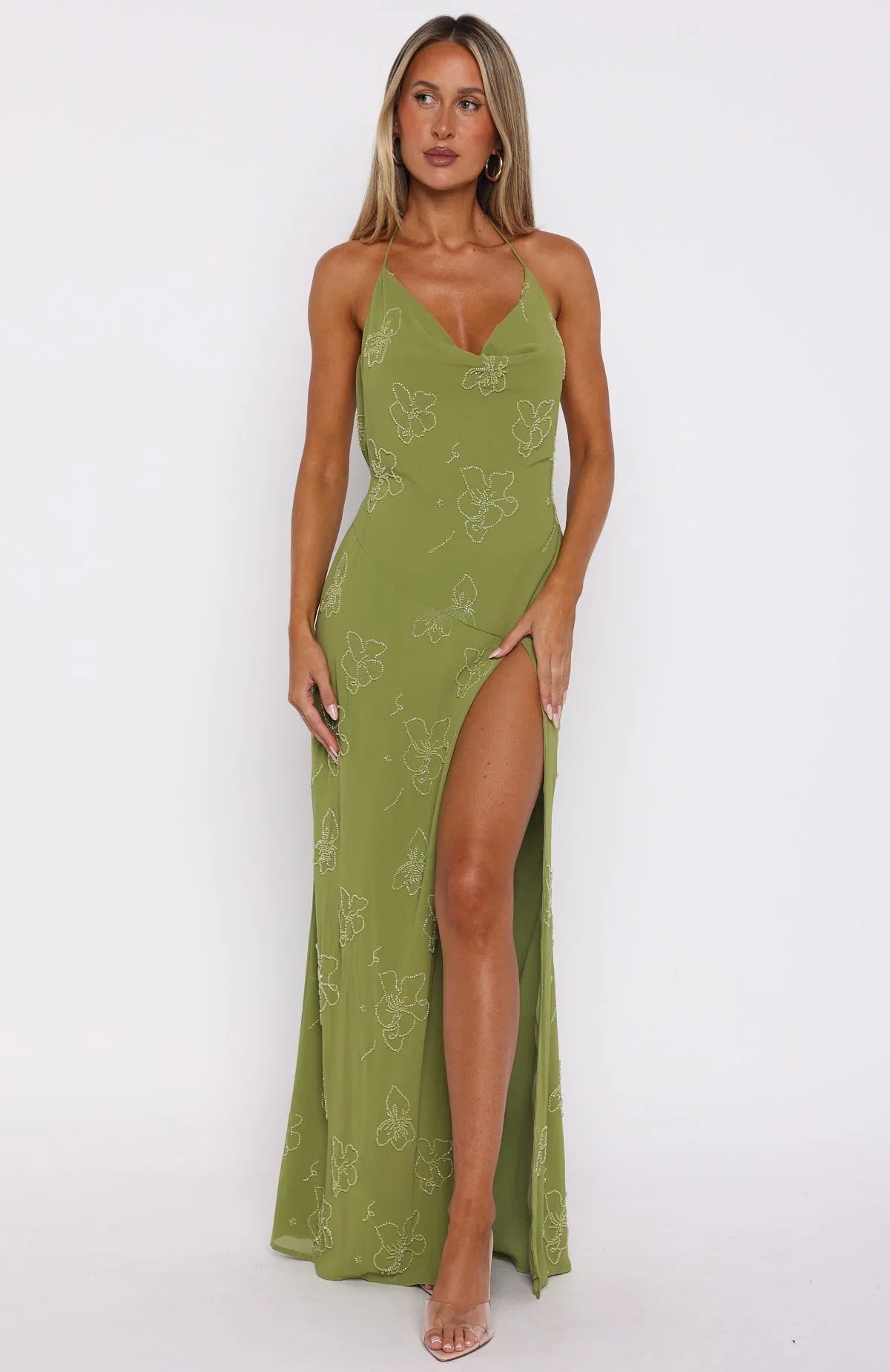 Slow Dancer Beaded Maxi Dress Green Tea