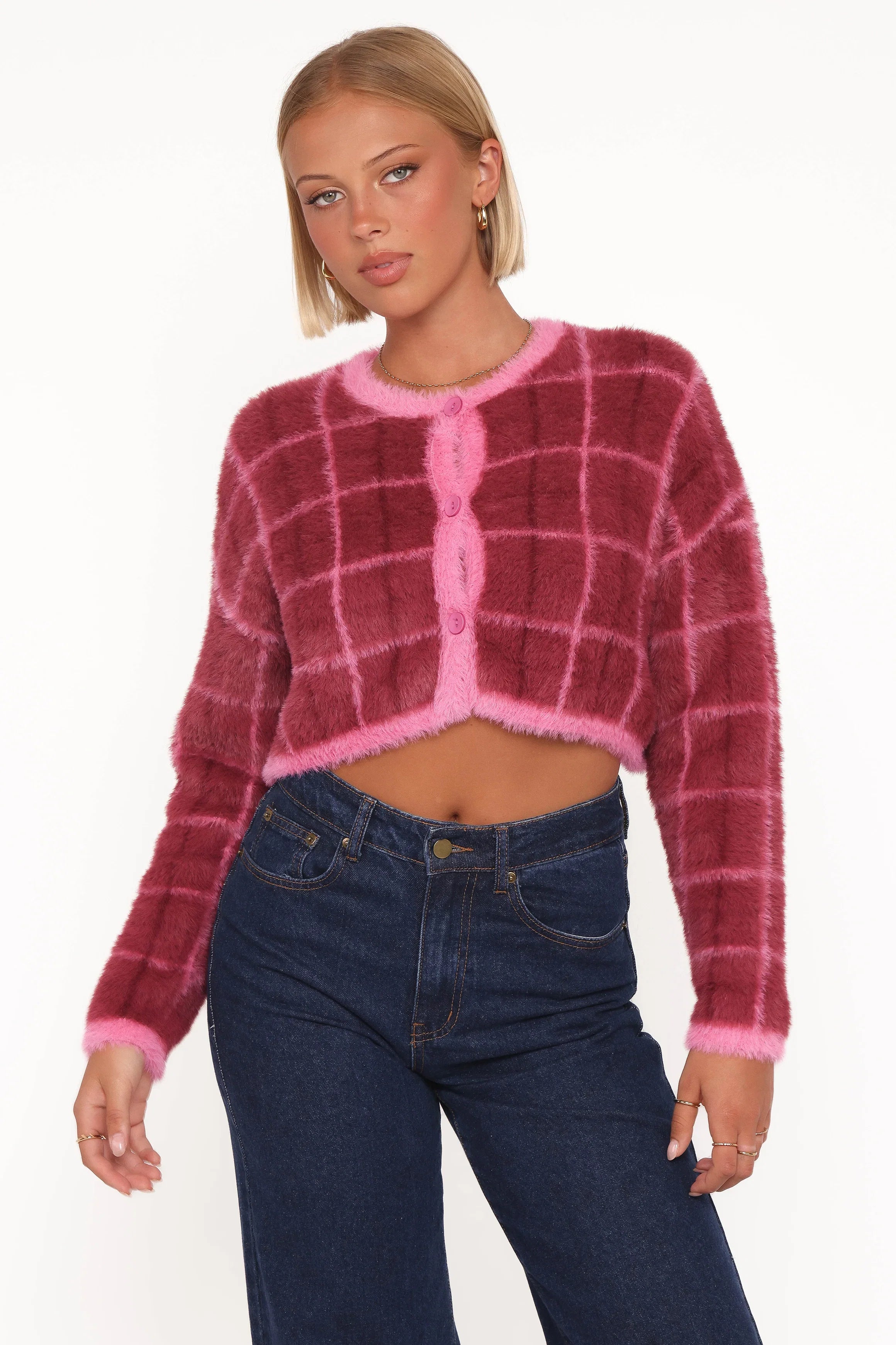 Viola Plaid Button Front Cardigan Burgundy