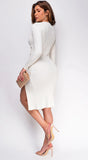 Sophina Off White Long Sleeve Ribbed Side Slit Midi Dress