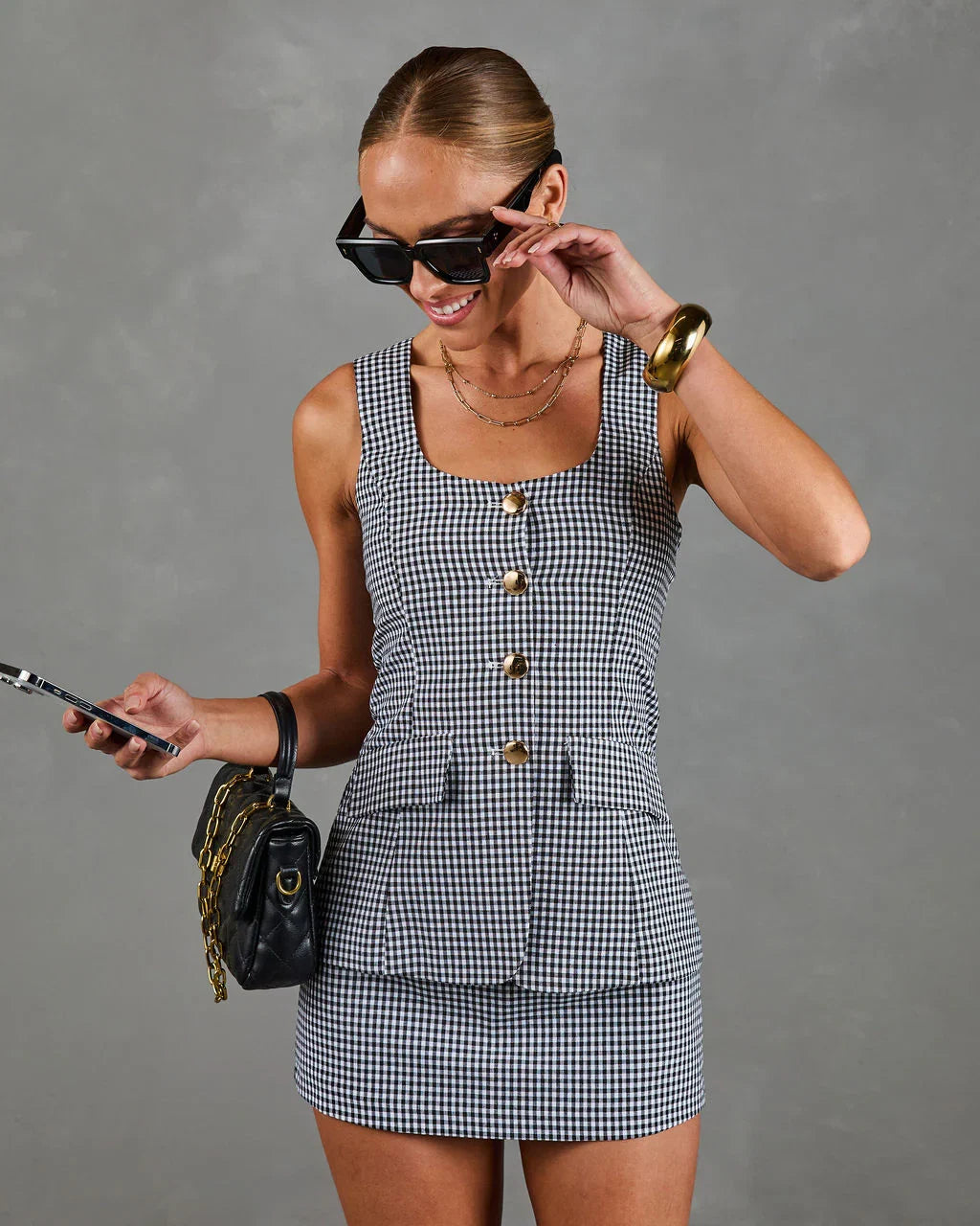 Chic Control Vested Linen Blend Gingham Mini Dress