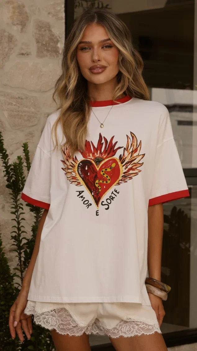 Amor E Sorte Oversized Tee White Red
