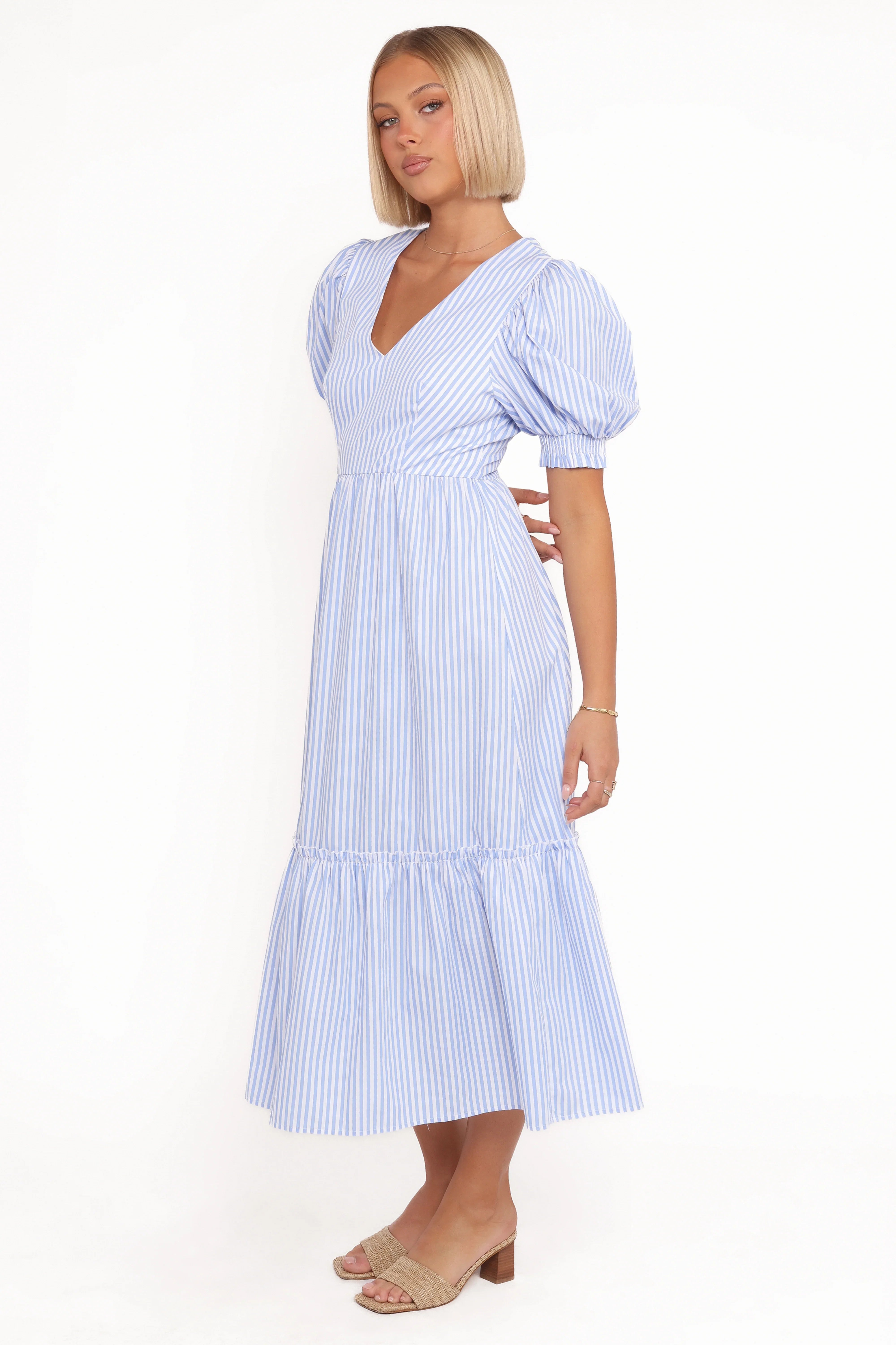 Steele Puff Sleeve Midi Dress Blue Stripe