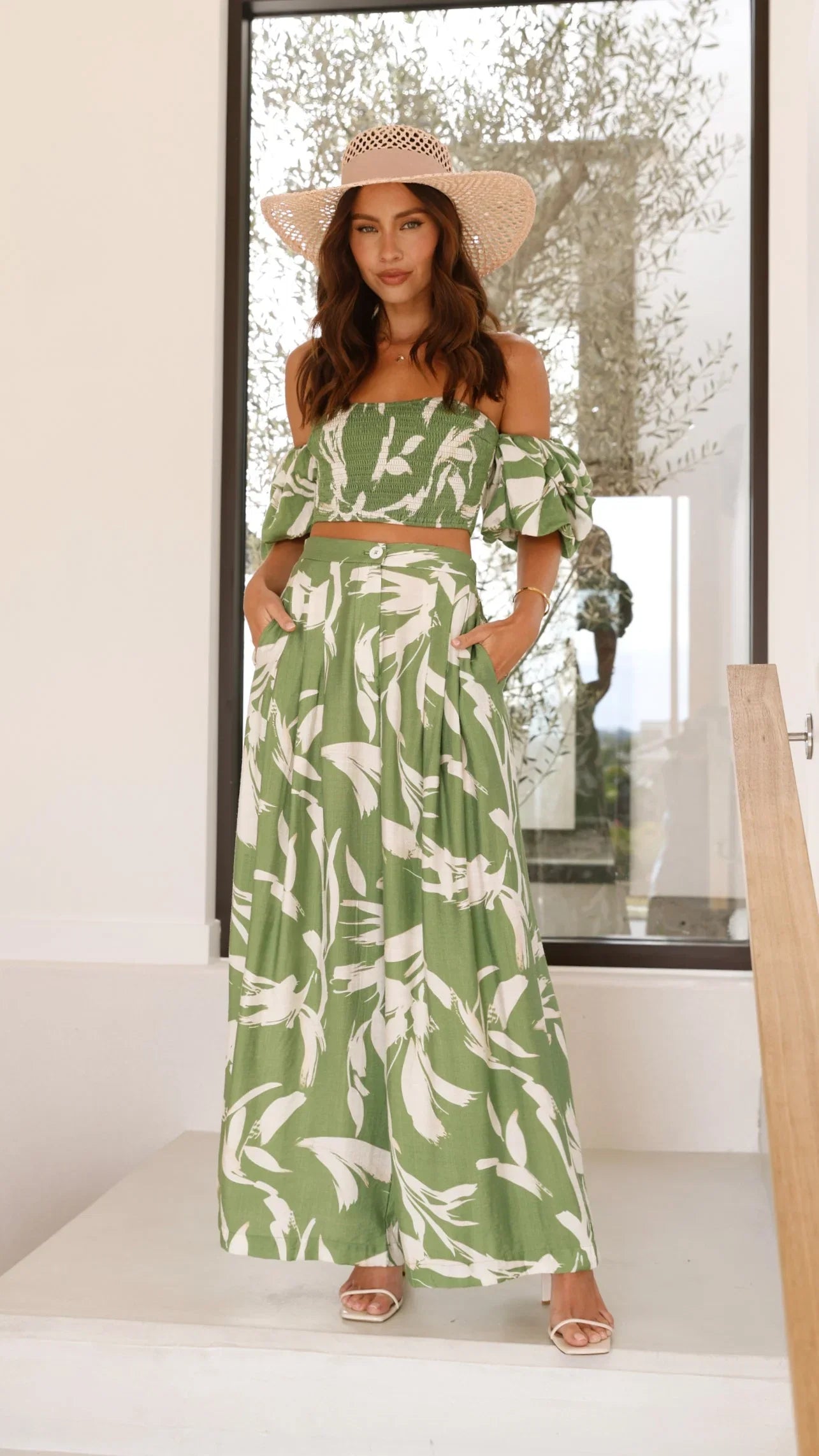 Callison Crop Top and Pants Set Green Print