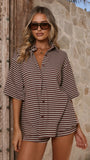 Sashi Button Up Shirt and Shorts Set Chocolate Blue Stripe